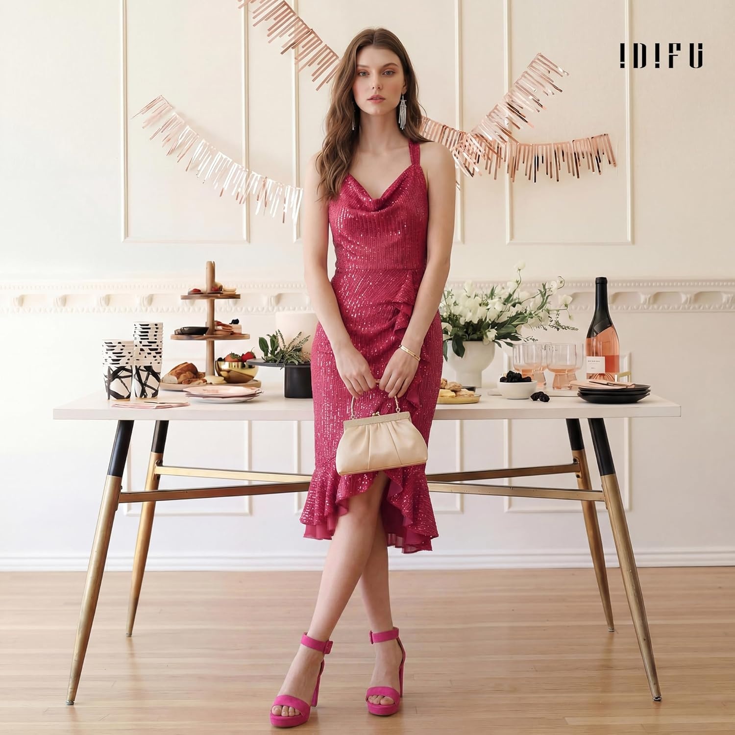 image:imageIDIFU Womens IN4 Sabrina Platform Chunky High Heels Ankle Strap Heeled Sandals Wedding Party Dress ShoesHot Pink Suede