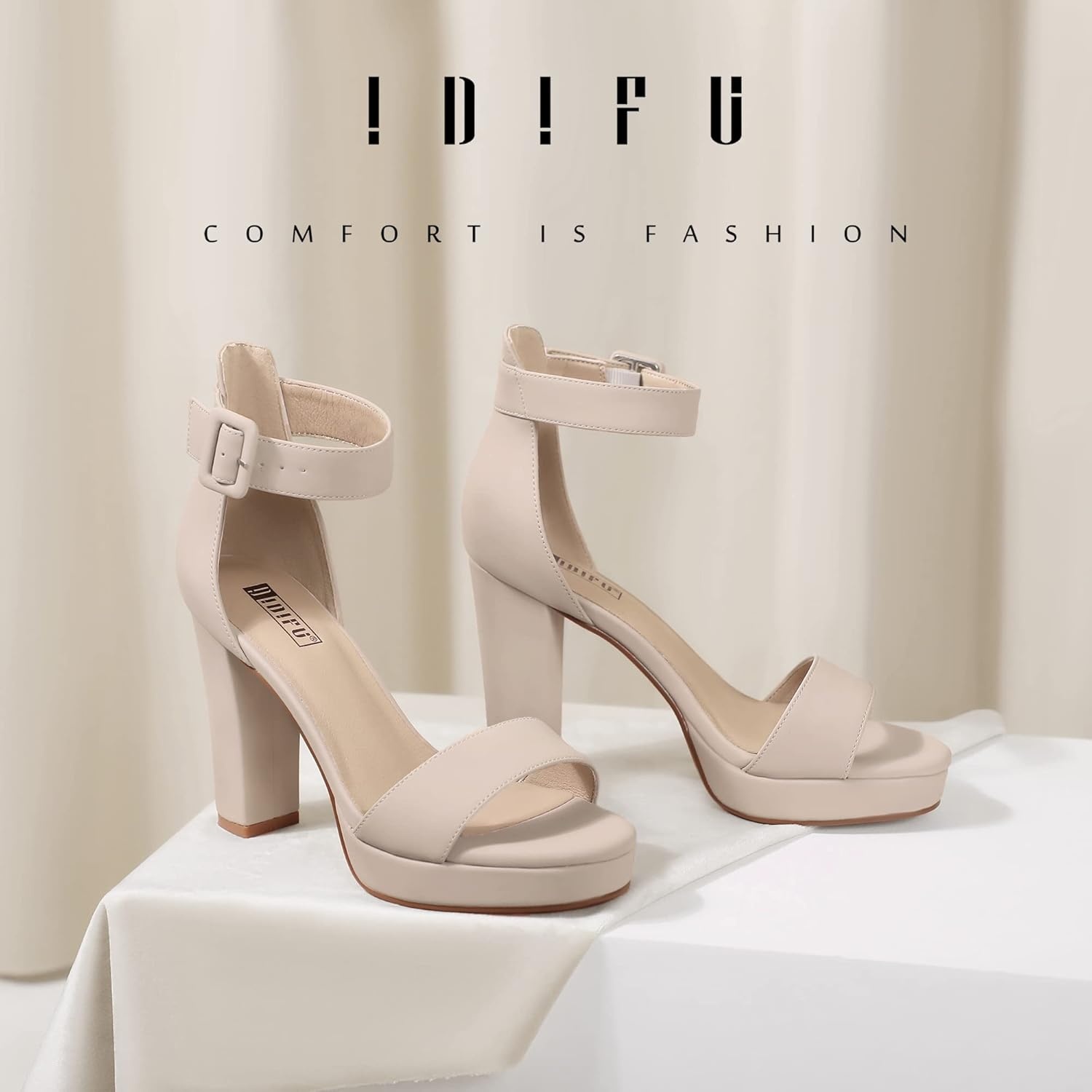 image:imageIDIFU Womens IN4 Sabrina Platform Chunky High Heels Ankle Strap Heeled Sandals Wedding Party Dress ShoesNude Nubuck