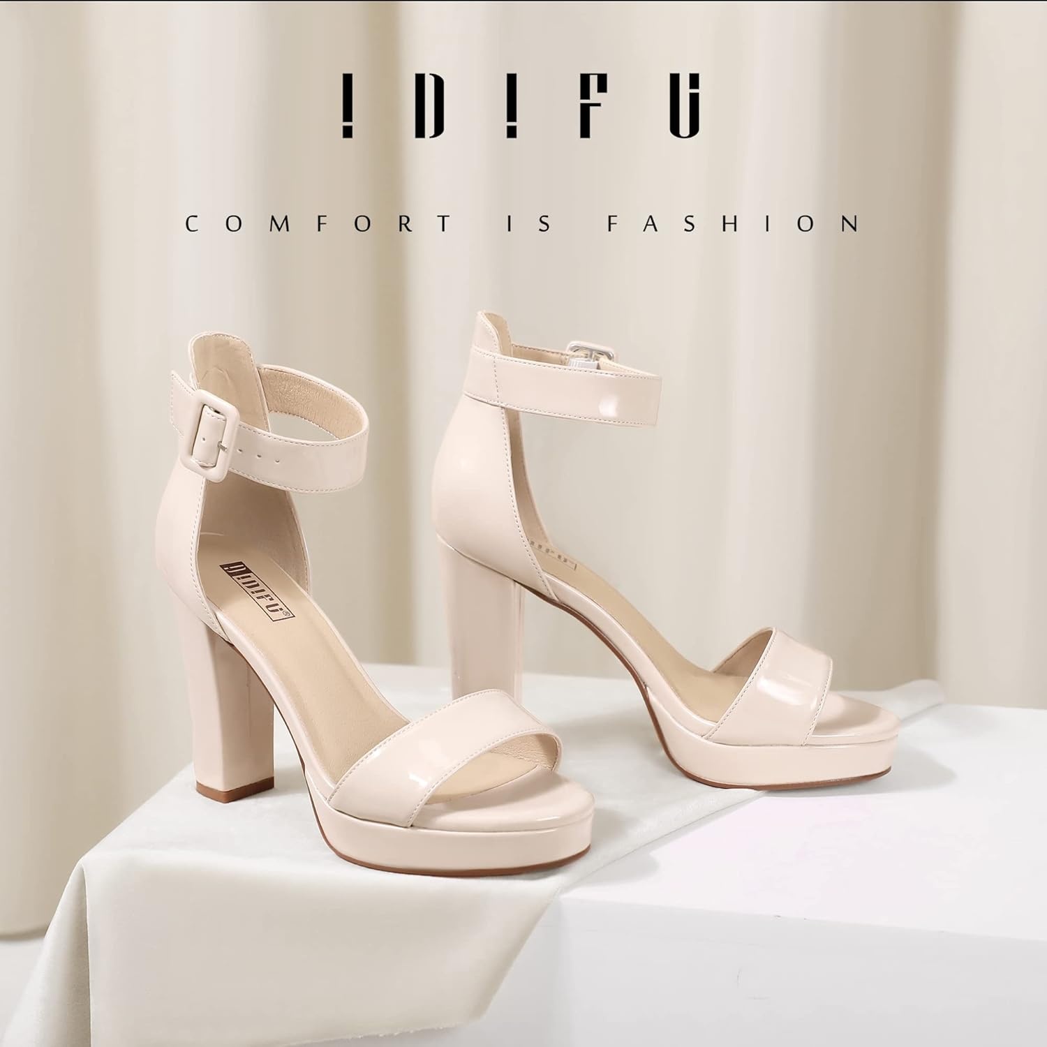 image:imageIDIFU Womens IN4 Sabrina Platform Chunky High Heels Ankle Strap Heeled Sandals Wedding Party Dress ShoesNude Patent