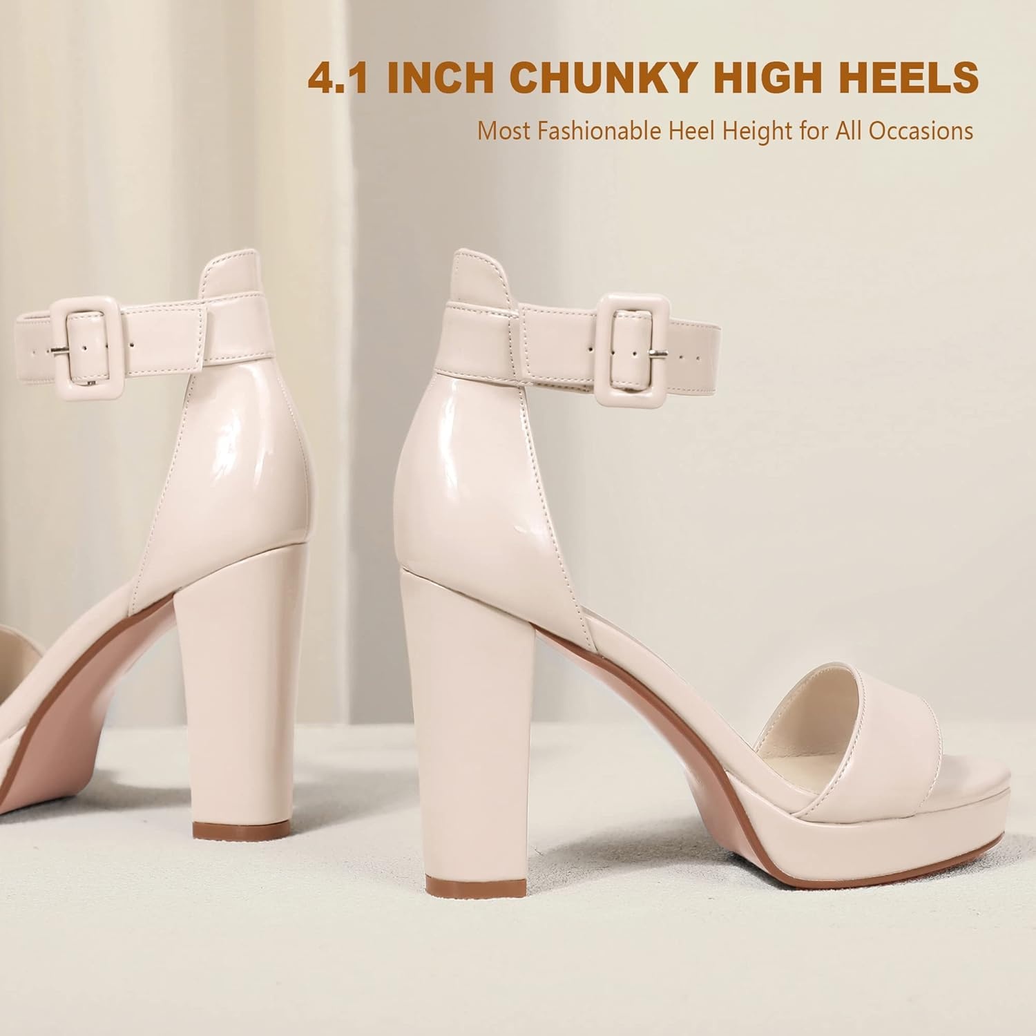 image:imageIDIFU Womens IN4 Sabrina Platform Chunky High Heels Ankle Strap Heeled Sandals Wedding Party Dress ShoesNude Patent