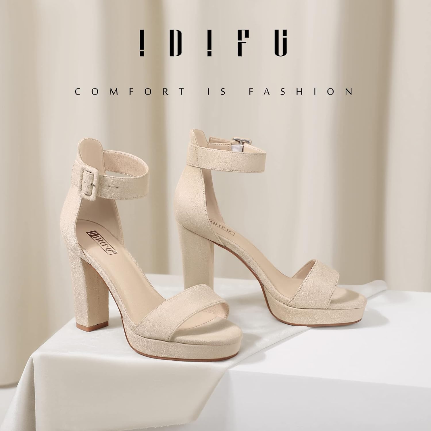 image:imageIDIFU Womens IN4 Sabrina Platform Chunky High Heels Ankle Strap Heeled Sandals Wedding Party Dress ShoesNude Suede