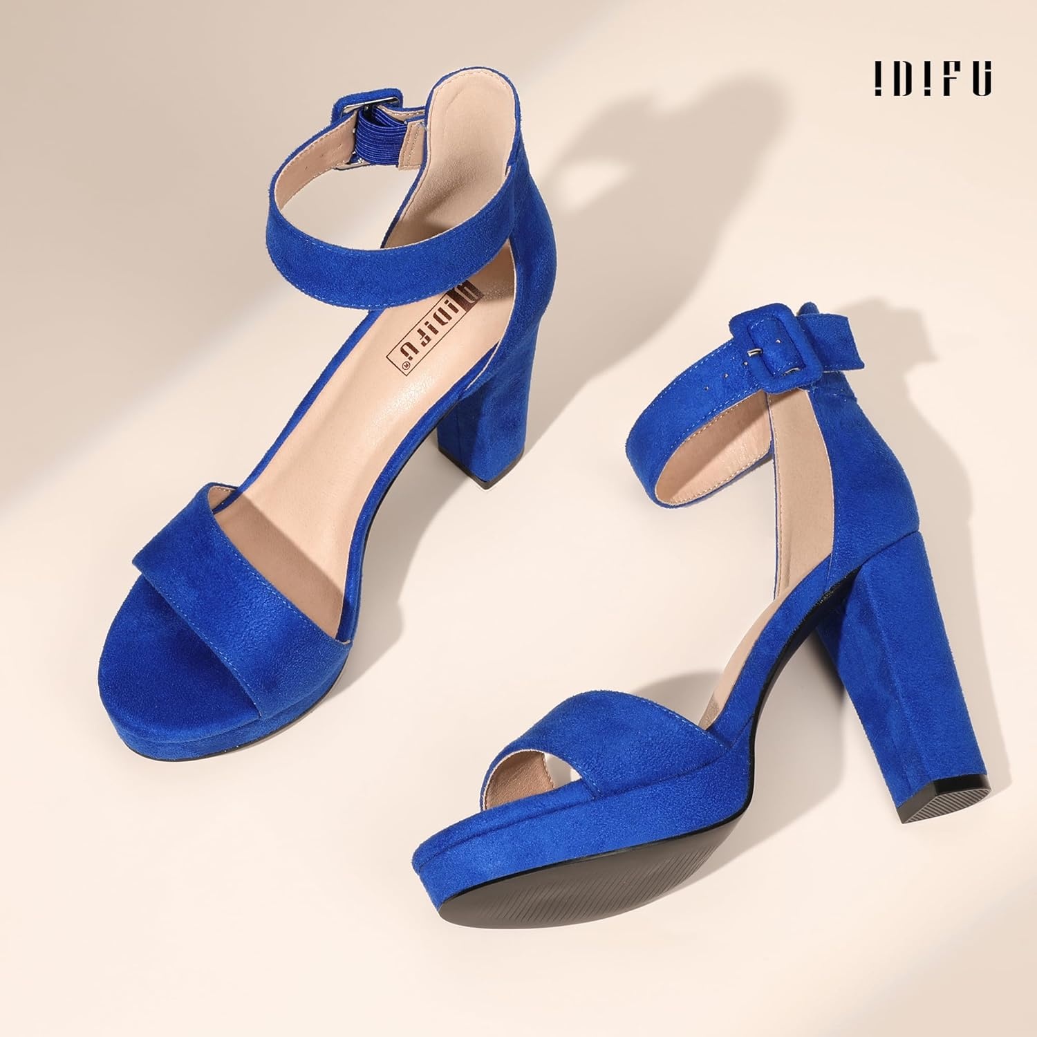 image:imageIDIFU Womens IN4 Sabrina Platform Chunky High Heels Ankle Strap Heeled Sandals Wedding Party Dress ShoesRoyal Blue Suede