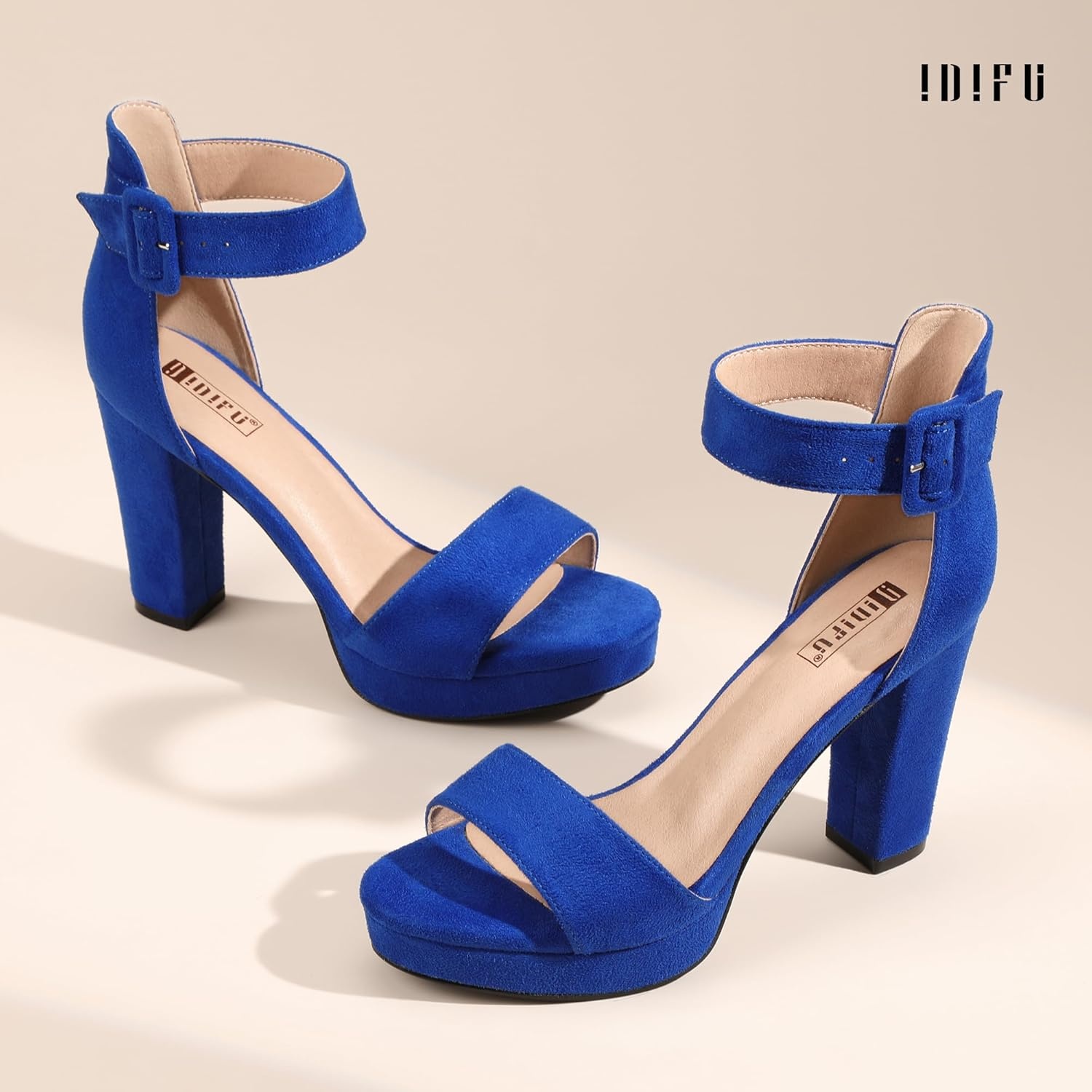 image:imageIDIFU Womens IN4 Sabrina Platform Chunky High Heels Ankle Strap Heeled Sandals Wedding Party Dress ShoesRoyal Blue Suede