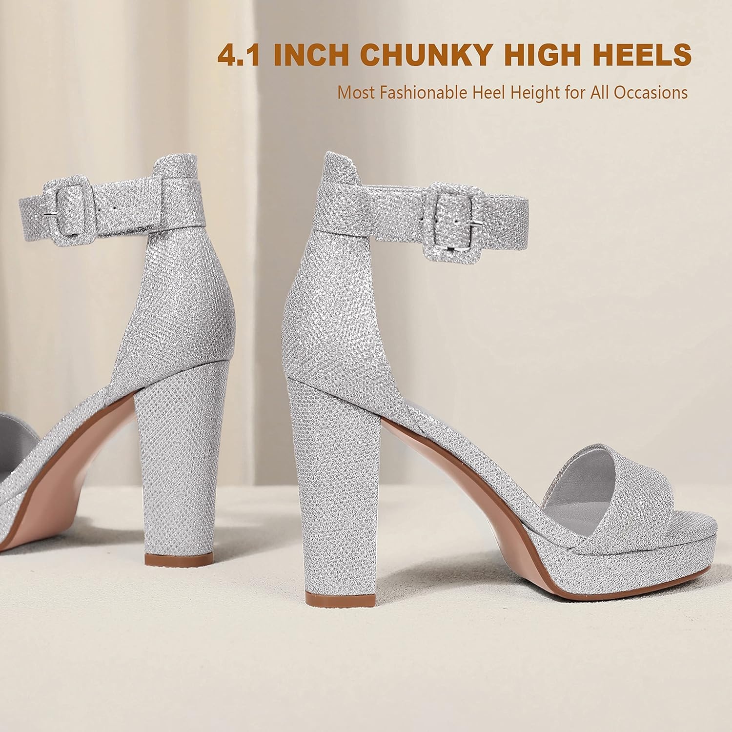 image:imageIDIFU Womens IN4 Sabrina Platform Chunky High Heels Ankle Strap Heeled Sandals Wedding Party Dress ShoesSilver Glitter