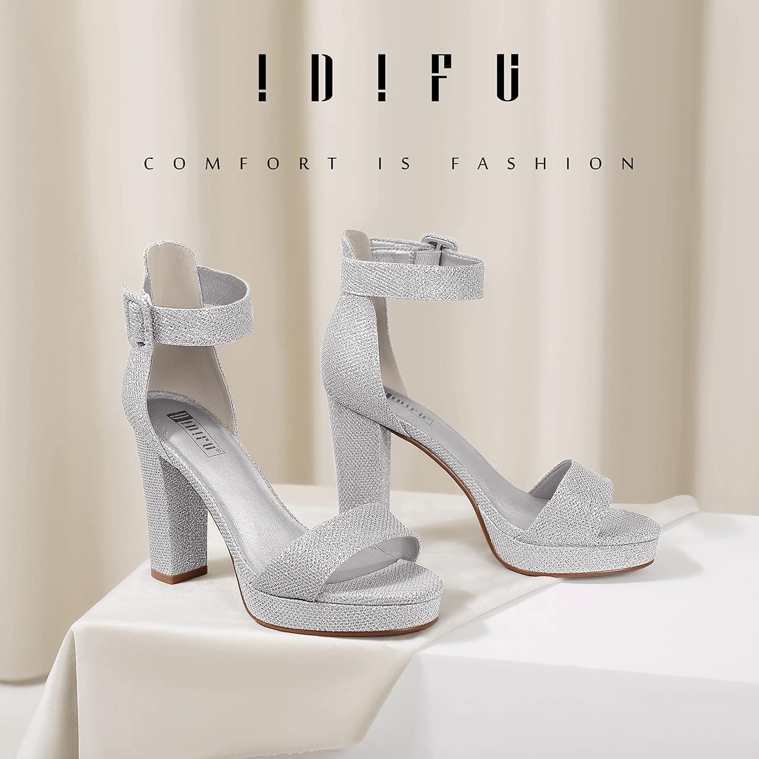 image:imageIDIFU Womens IN4 Sabrina Platform Chunky High Heels Ankle Strap Heeled Sandals Wedding Party Dress ShoesSilver Glitter