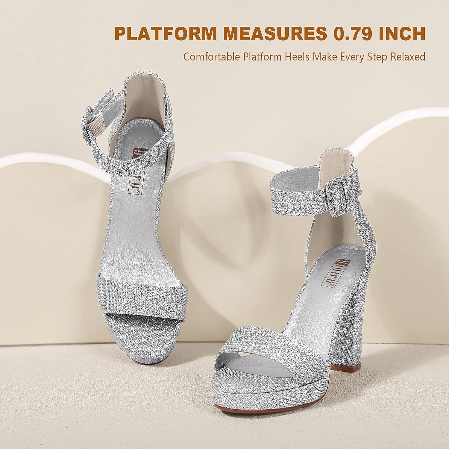 image:imageIDIFU Womens IN4 Sabrina Platform Chunky High Heels Ankle Strap Heeled Sandals Wedding Party Dress ShoesSilver Glitter