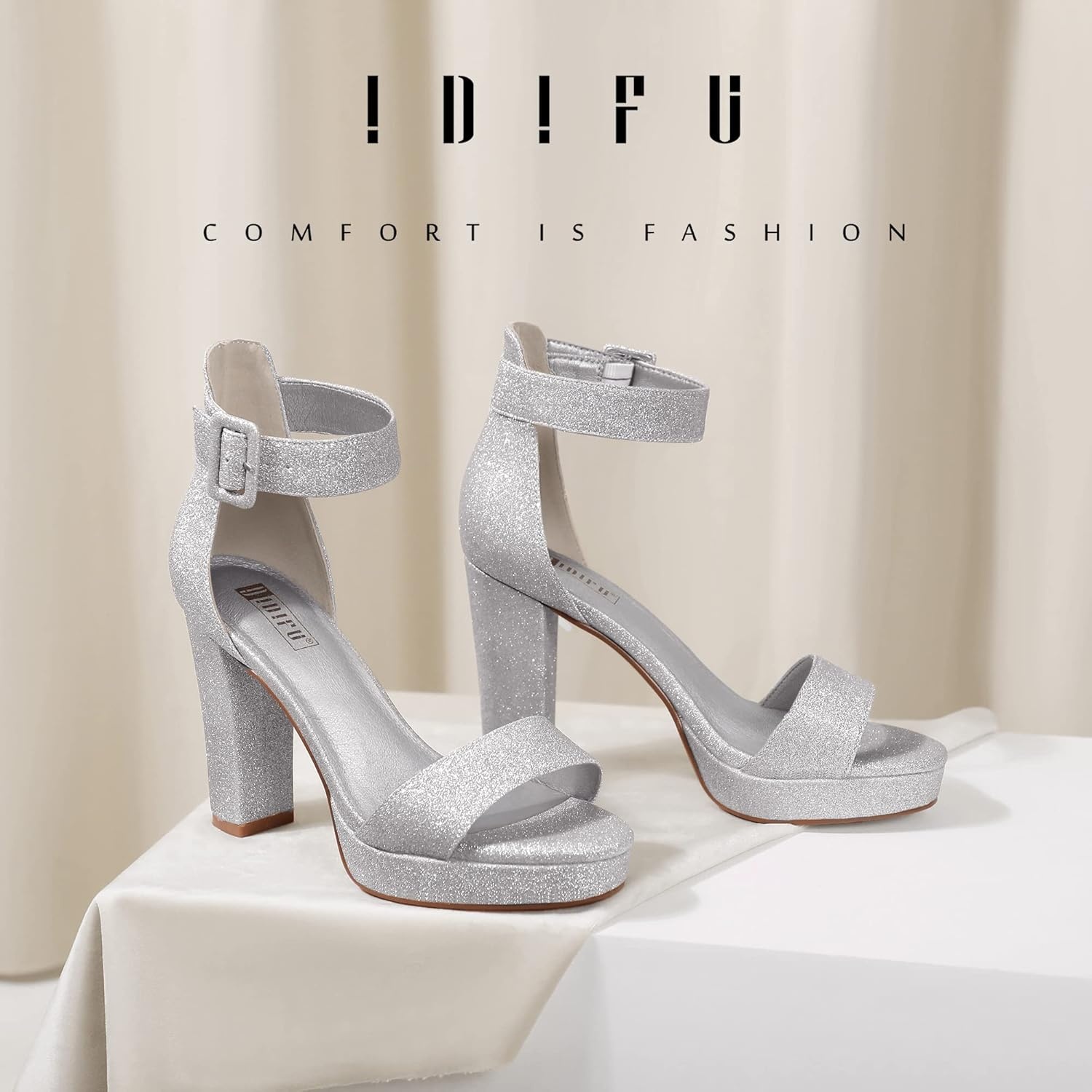 image:imageIDIFU Womens IN4 Sabrina Platform Chunky High Heels Ankle Strap Heeled Sandals Wedding Party Dress ShoesSilver Shiny