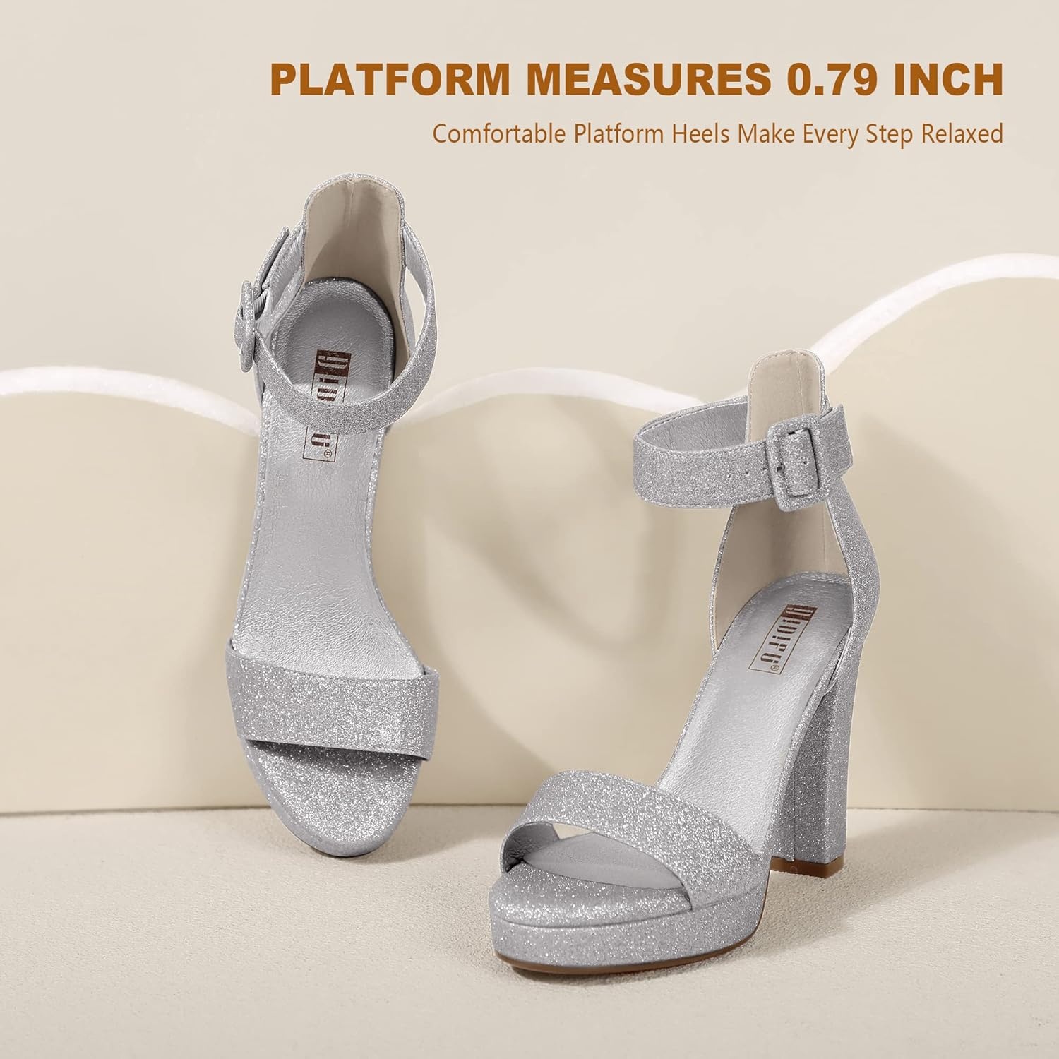 image:imageIDIFU Womens IN4 Sabrina Platform Chunky High Heels Ankle Strap Heeled Sandals Wedding Party Dress ShoesSilver Shiny