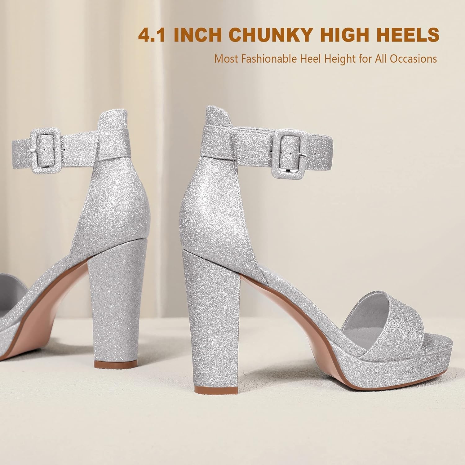image:imageIDIFU Womens IN4 Sabrina Platform Chunky High Heels Ankle Strap Heeled Sandals Wedding Party Dress ShoesSilver Shiny