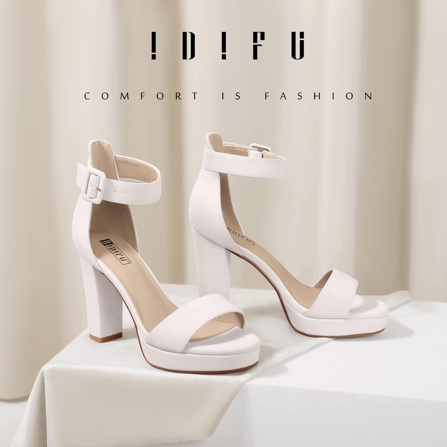 image:imageIDIFU Womens IN4 Sabrina Platform Chunky High Heels Ankle Strap Heeled Sandals Wedding Party Dress ShoesWhite Pu