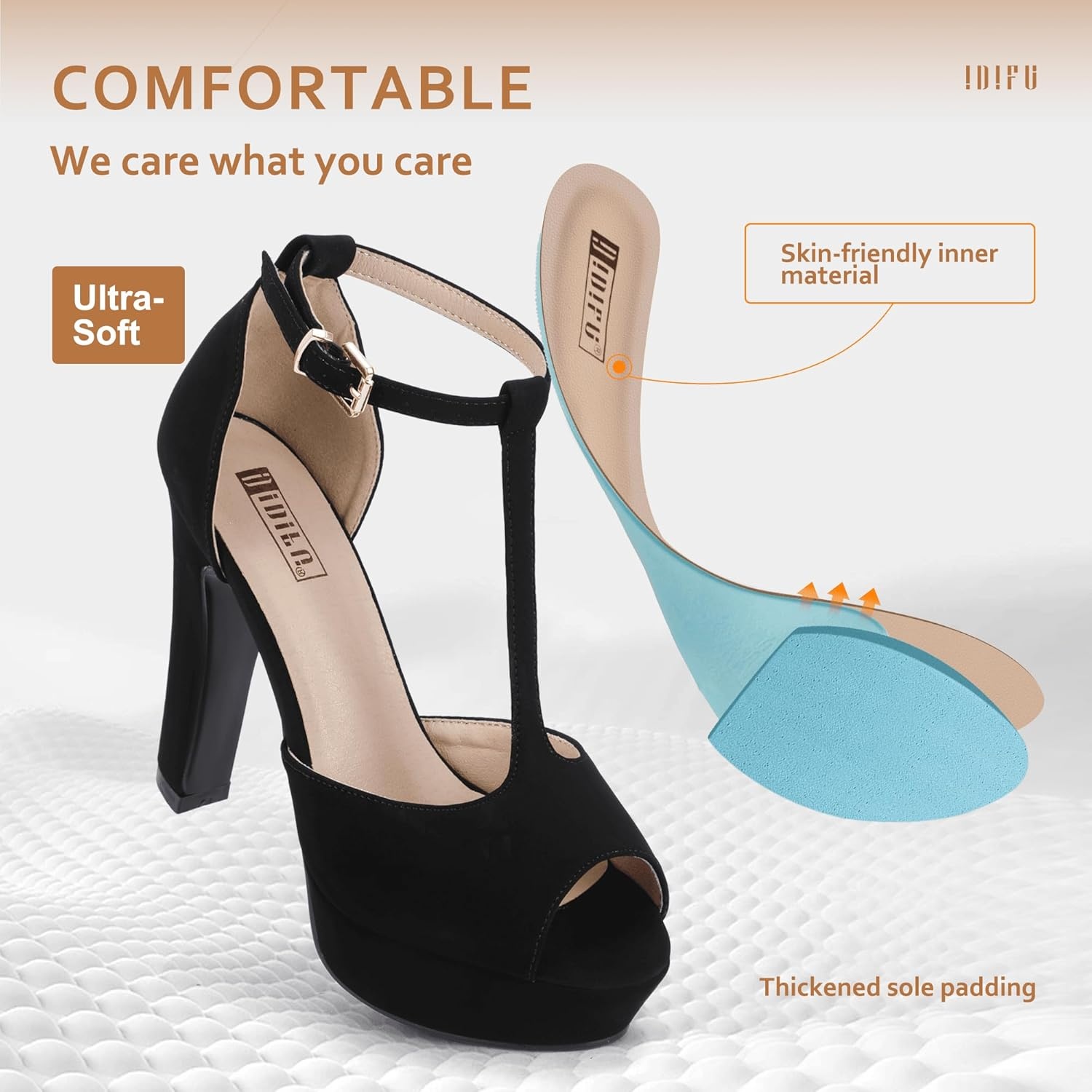 image:imageIDIFU Womens IN5 Polly Platform Chunky High Heels TStrap Sexy Sandals Peep Toe Wedding Party Prom Dress Shoes for Women BrideBlack Nubuck
