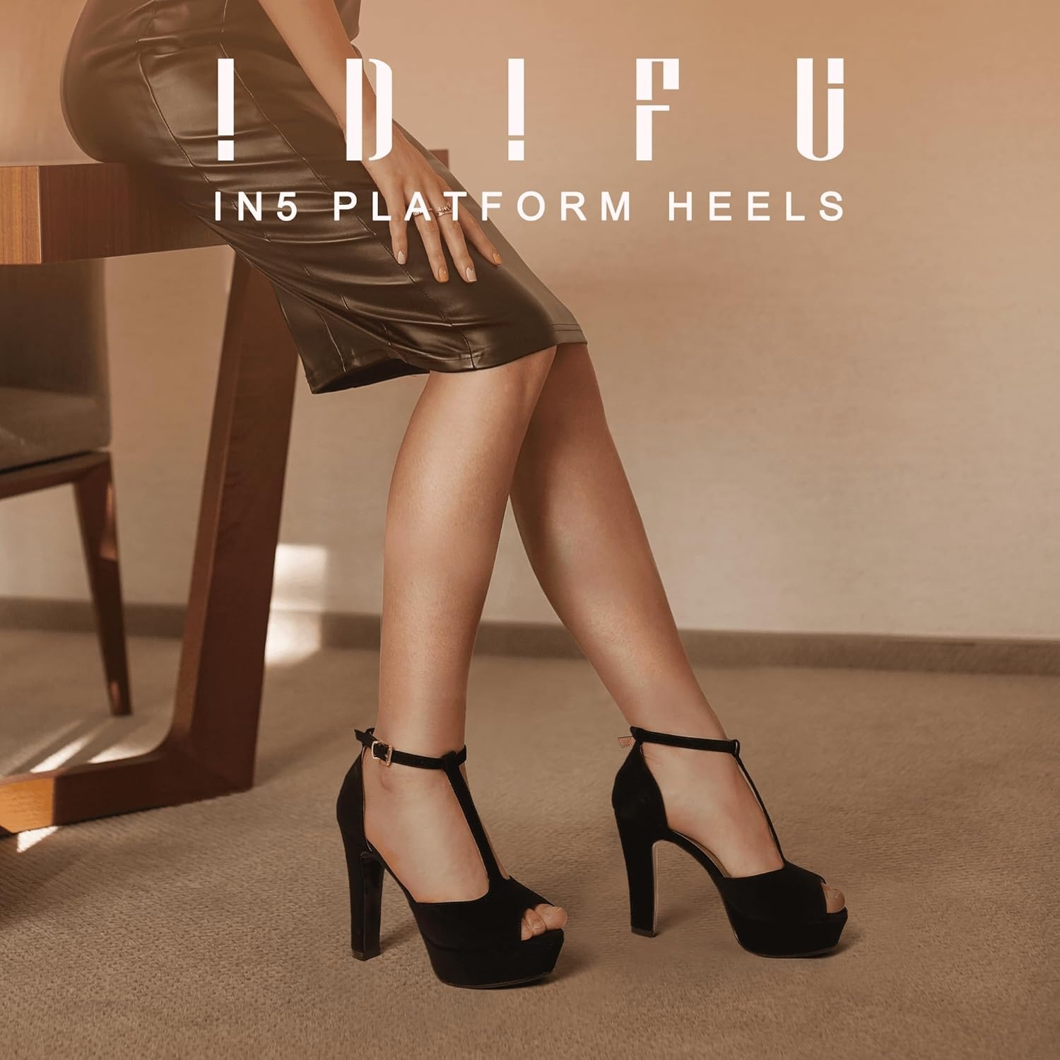 image:imageIDIFU Womens IN5 Polly Platform Chunky High Heels TStrap Sexy Sandals Peep Toe Wedding Party Prom Dress Shoes for Women BrideBlack Nubuck