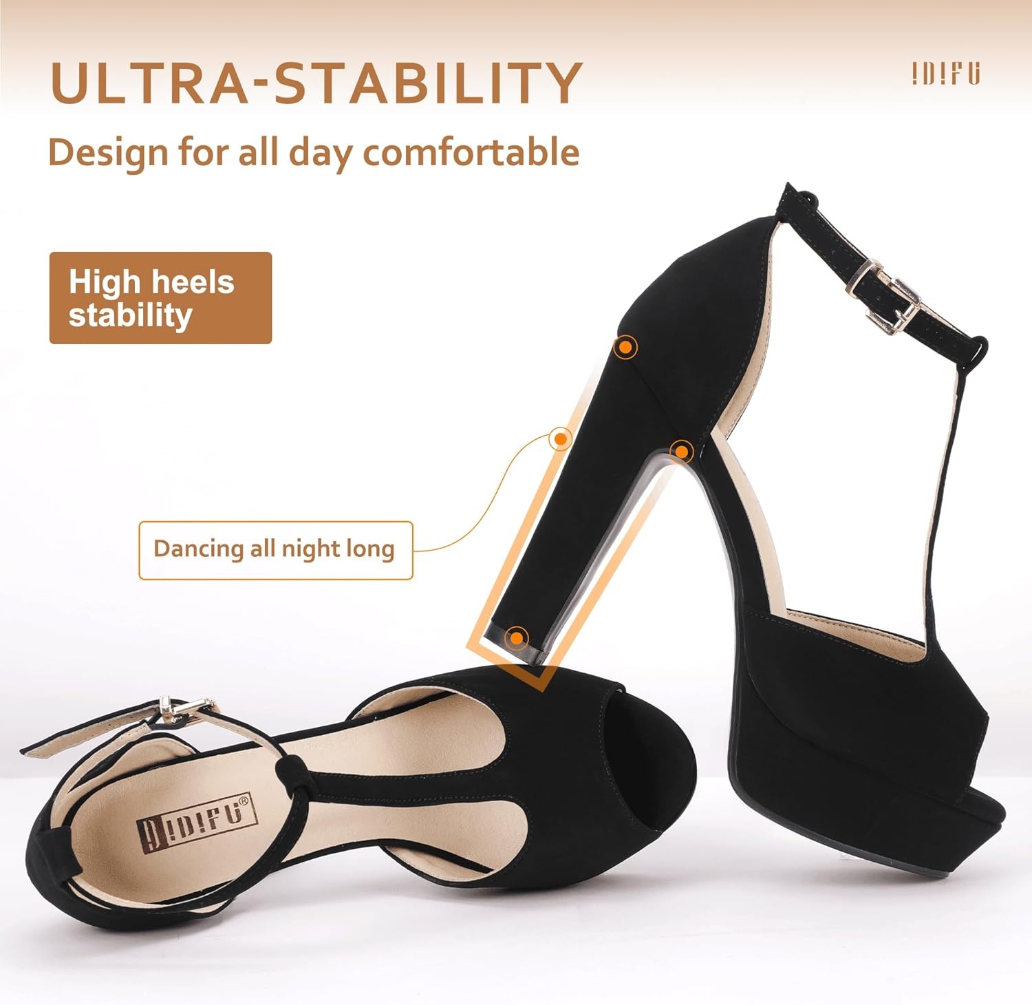 image:imageIDIFU Womens IN5 Polly Platform Chunky High Heels TStrap Sexy Sandals Peep Toe Wedding Party Prom Dress Shoes for Women BrideBlack Nubuck