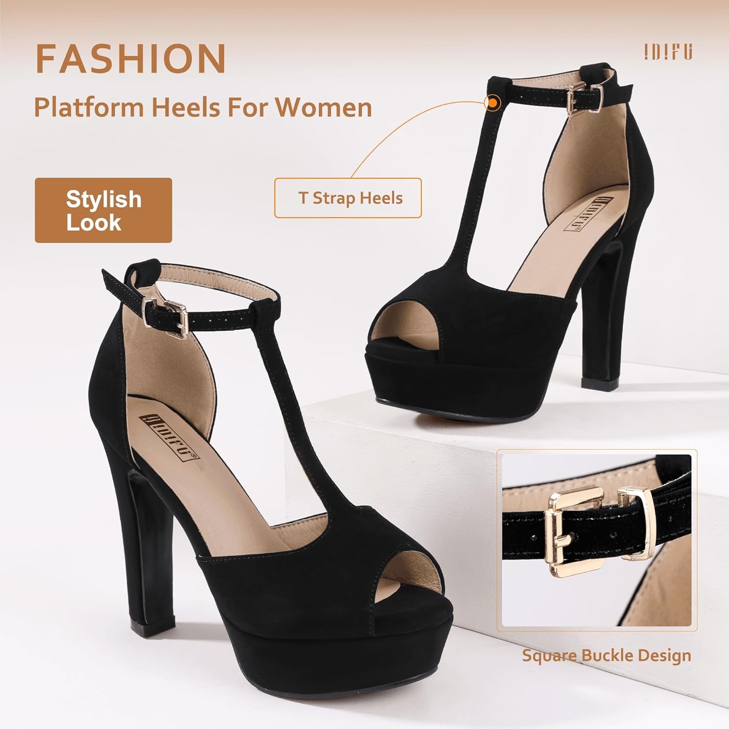 image:imageIDIFU Womens IN5 Polly Platform Chunky High Heels TStrap Sexy Sandals Peep Toe Wedding Party Prom Dress Shoes for Women BrideBlack Nubuck