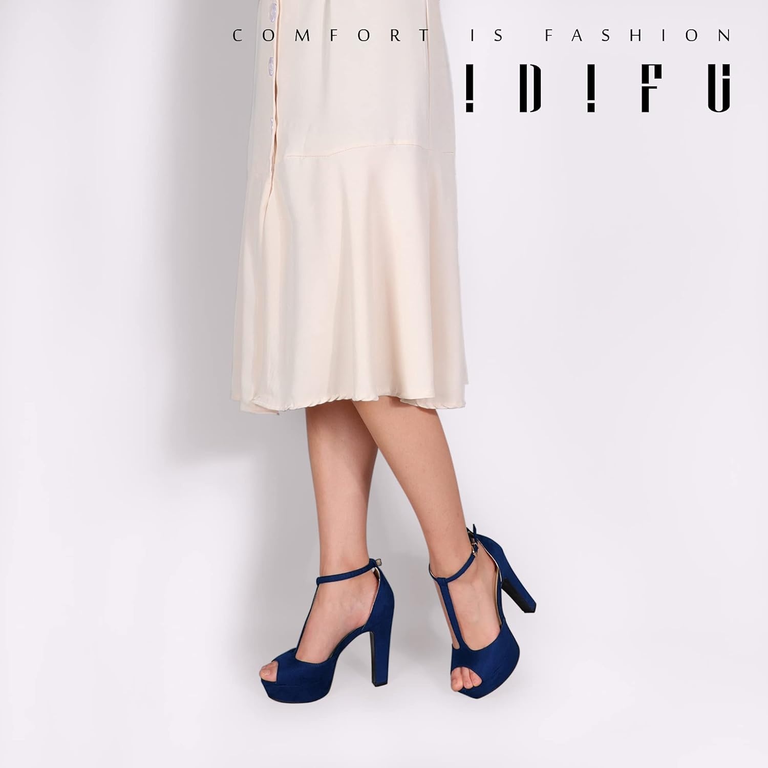 image:imageIDIFU Womens IN5 Polly Platform Chunky High Heels TStrap Sexy Sandals Peep Toe Wedding Party Prom Dress Shoes for Women BrideBlue Suede