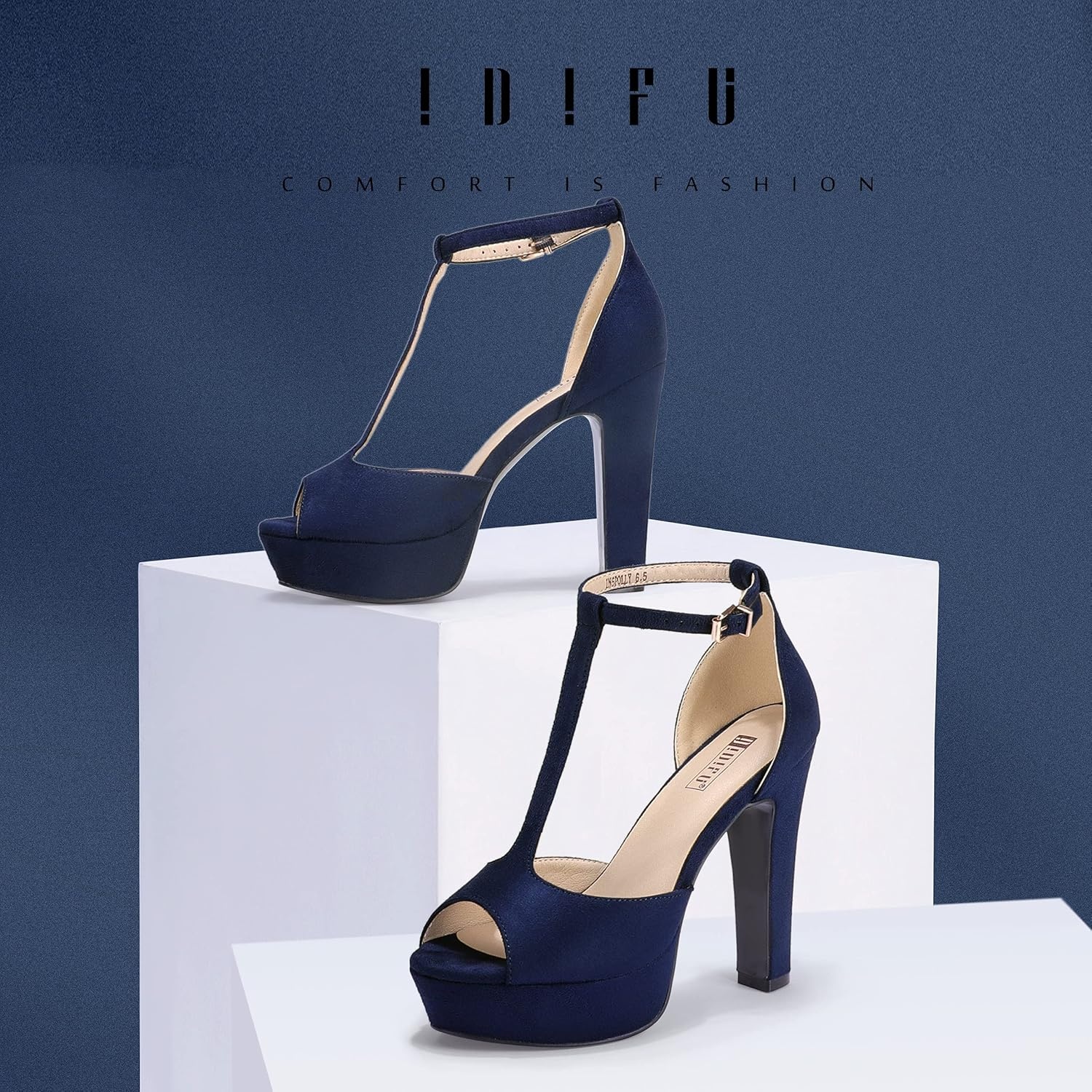 image:imageIDIFU Womens IN5 Polly Platform Chunky High Heels TStrap Sexy Sandals Peep Toe Wedding Party Prom Dress Shoes for Women BrideBlue Suede