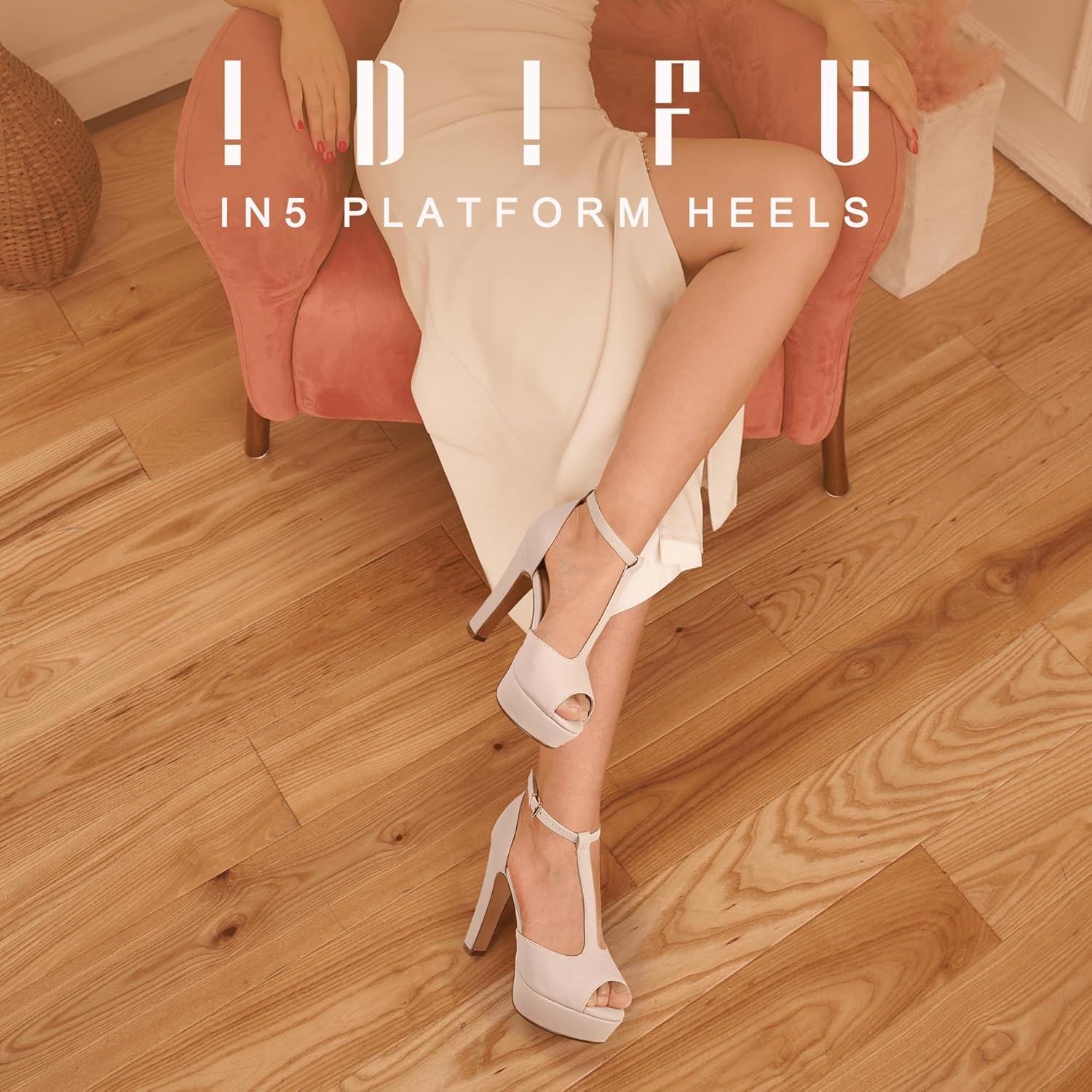 image:imageIDIFU Womens IN5 Polly Platform Chunky High Heels TStrap Sexy Sandals Peep Toe Wedding Party Prom Dress Shoes for Women BrideNude Nubuck