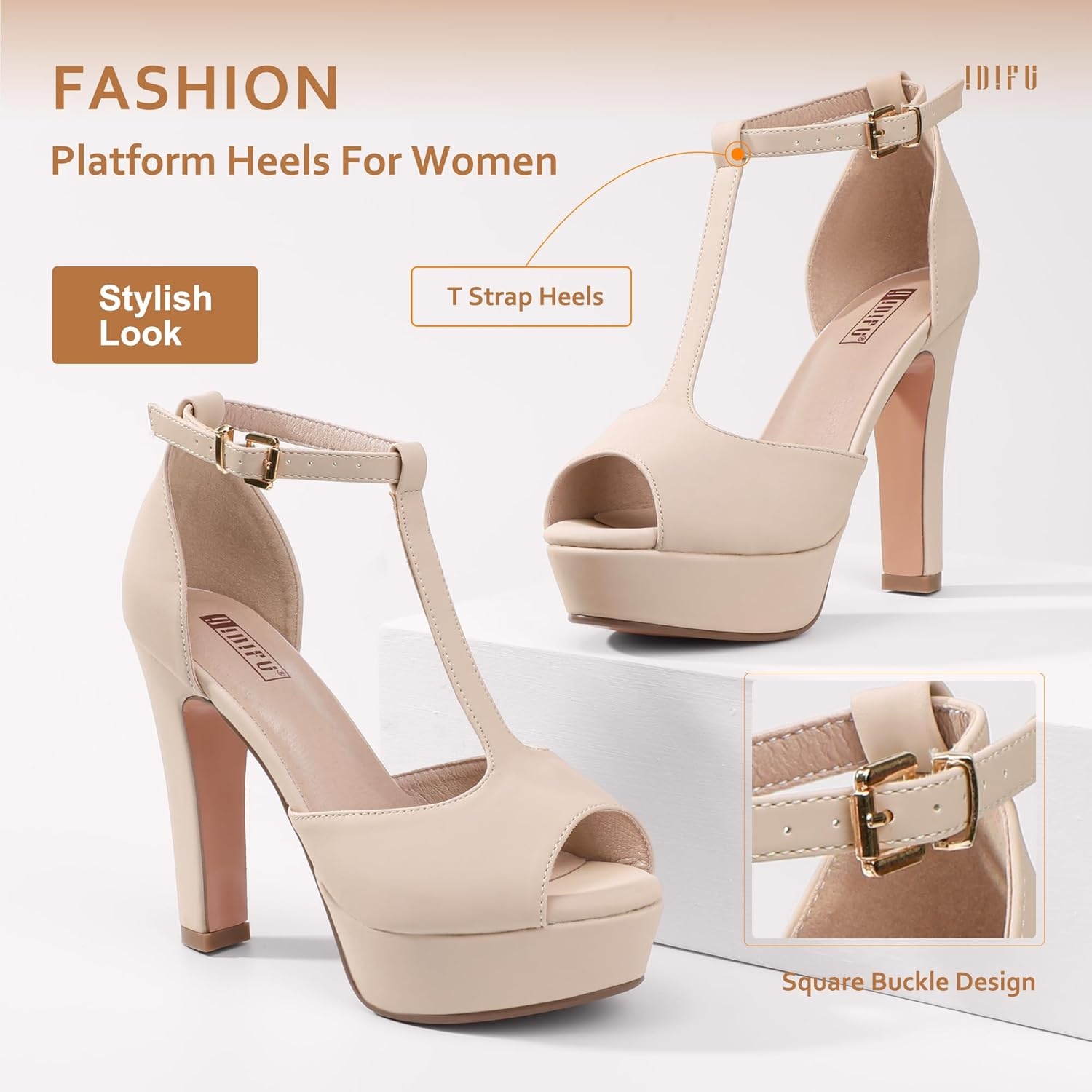 image:imageIDIFU Womens IN5 Polly Platform Chunky High Heels TStrap Sexy Sandals Peep Toe Wedding Party Prom Dress Shoes for Women BrideNude Nubuck