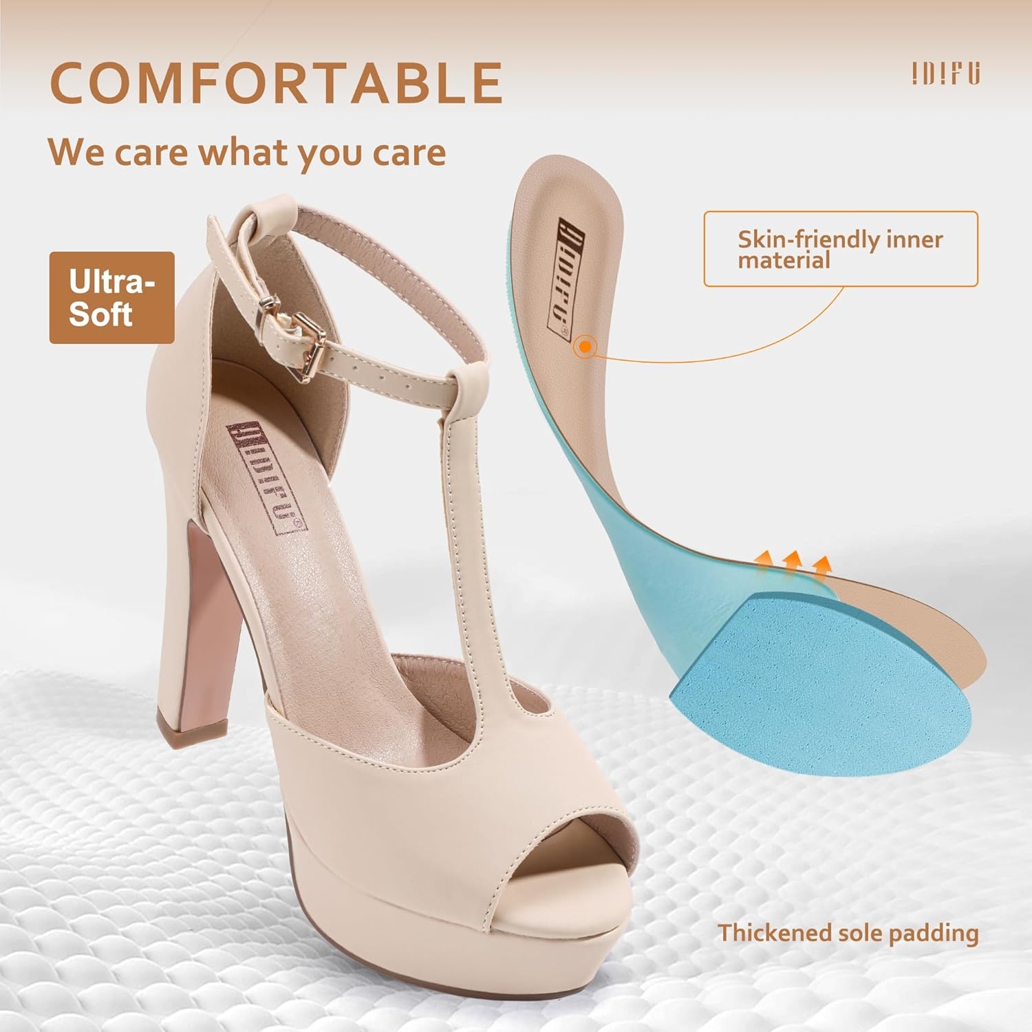 image:imageIDIFU Womens IN5 Polly Platform Chunky High Heels TStrap Sexy Sandals Peep Toe Wedding Party Prom Dress Shoes for Women BrideNude Nubuck