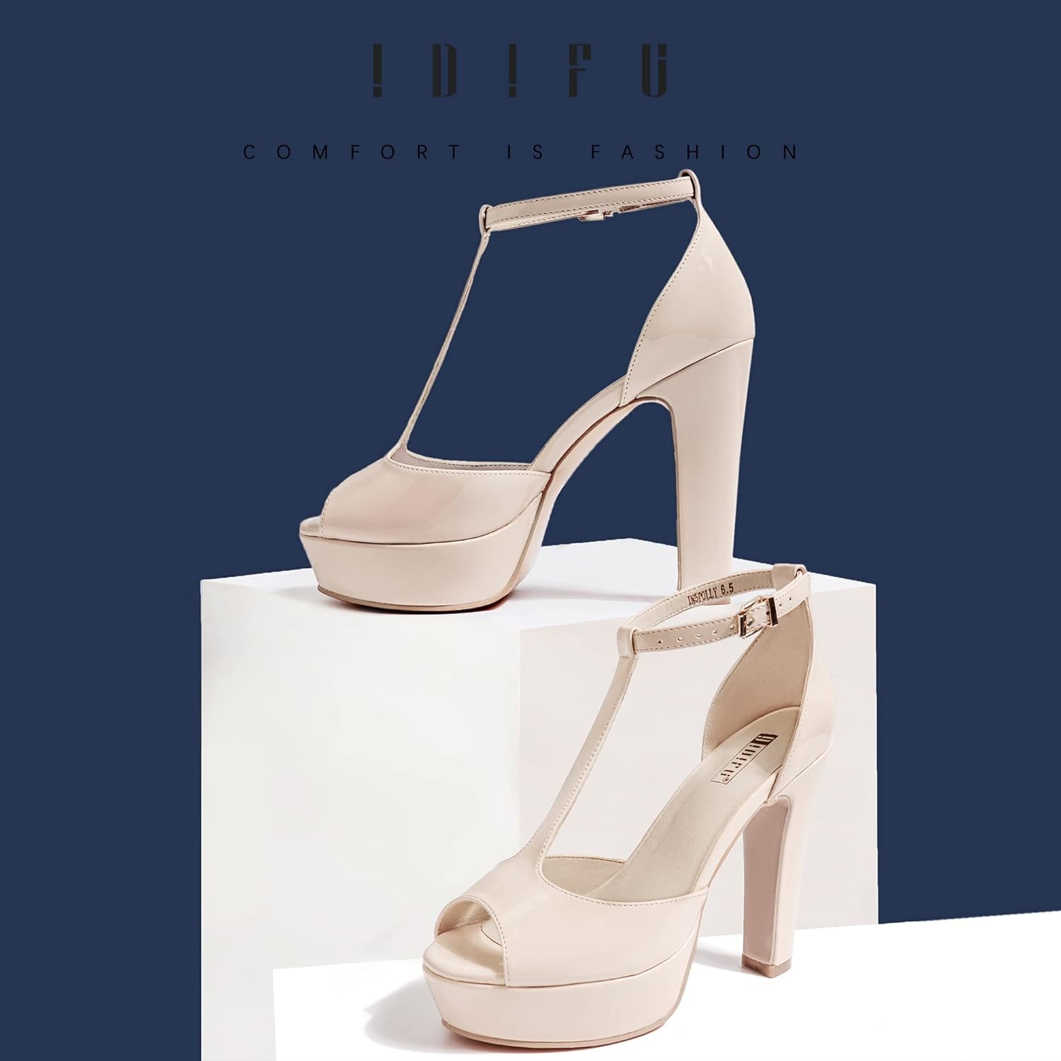 image:imageIDIFU Womens IN5 Polly Platform Chunky High Heels TStrap Sexy Sandals Peep Toe Wedding Party Prom Dress Shoes for Women BrideNude Patent