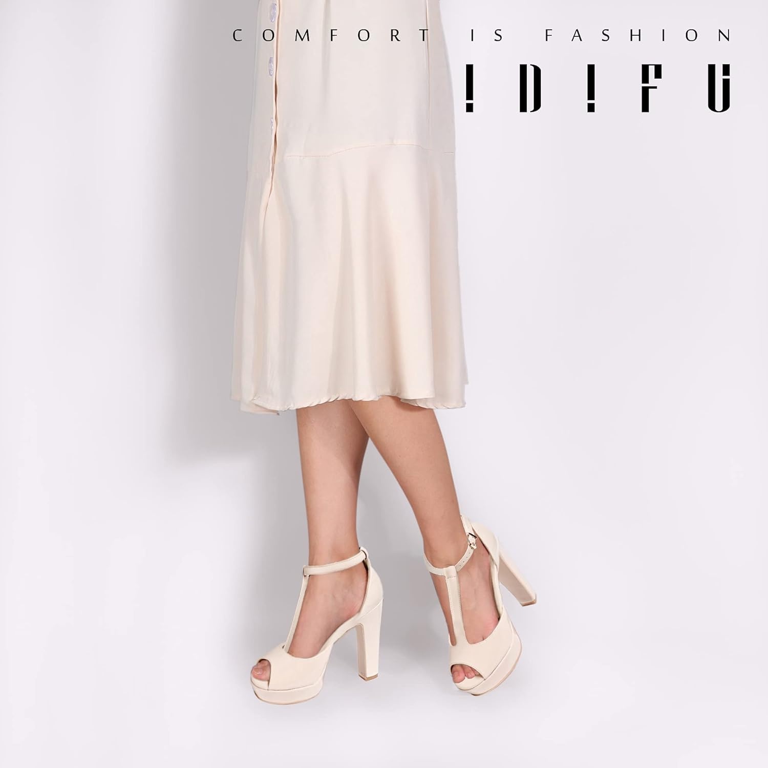 image:imageIDIFU Womens IN5 Polly Platform Chunky High Heels TStrap Sexy Sandals Peep Toe Wedding Party Prom Dress Shoes for Women BrideNude Patent