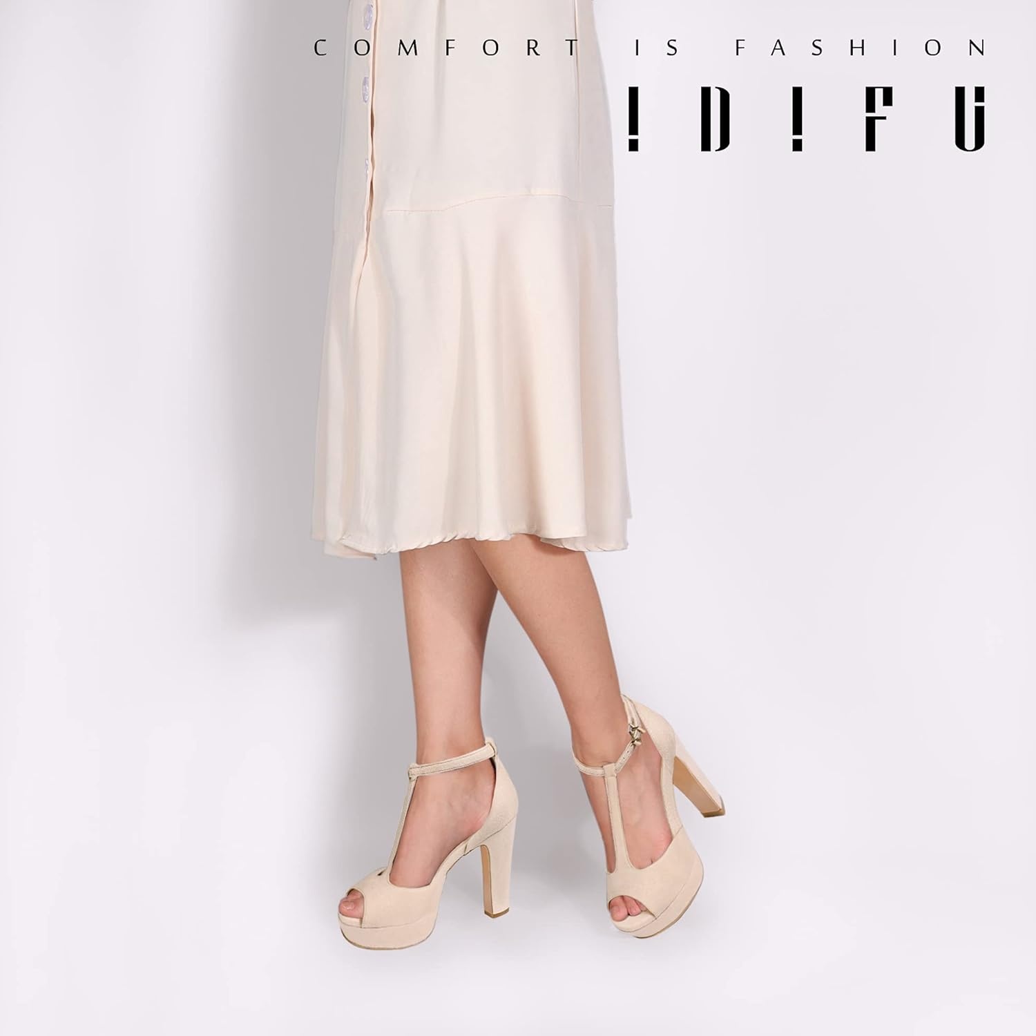 image:imageIDIFU Womens IN5 Polly Platform Chunky High Heels TStrap Sexy Sandals Peep Toe Wedding Party Prom Dress Shoes for Women BrideNude Suede