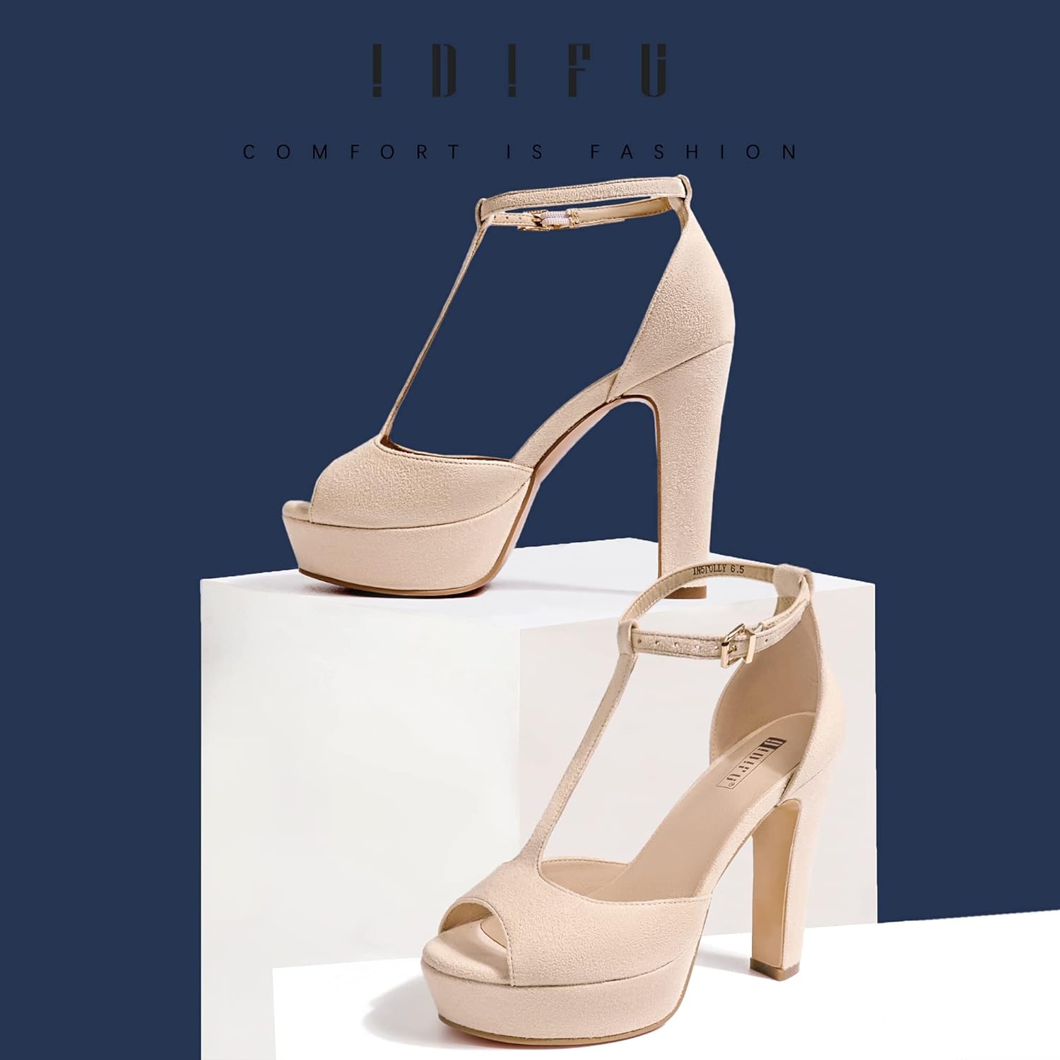 image:imageIDIFU Womens IN5 Polly Platform Chunky High Heels TStrap Sexy Sandals Peep Toe Wedding Party Prom Dress Shoes for Women BrideNude Suede