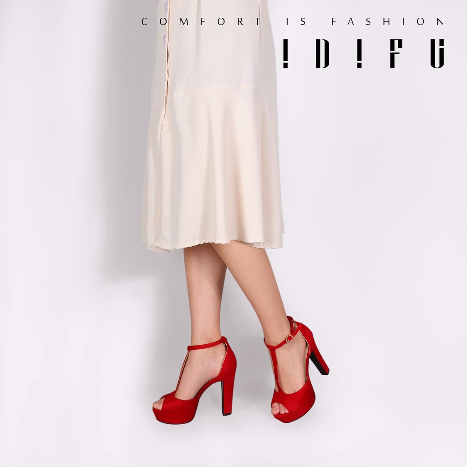 image:imageIDIFU Womens IN5 Polly Platform Chunky High Heels TStrap Sexy Sandals Peep Toe Wedding Party Prom Dress Shoes for Women BrideRed Suede