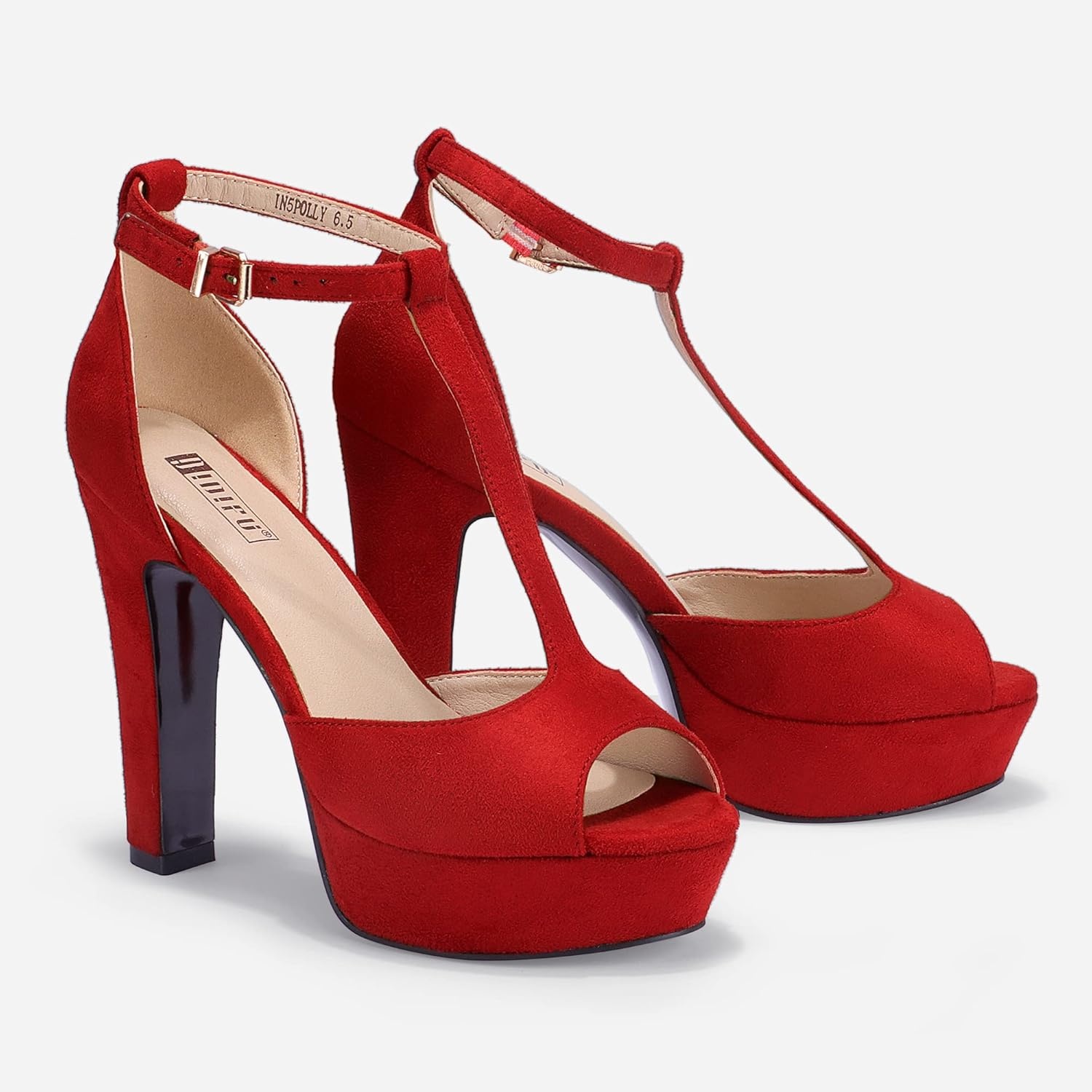 image:imageIDIFU Womens IN5 Polly Platform Chunky High Heels TStrap Sexy Sandals Peep Toe Wedding Party Prom Dress Shoes for Women BrideRed Suede