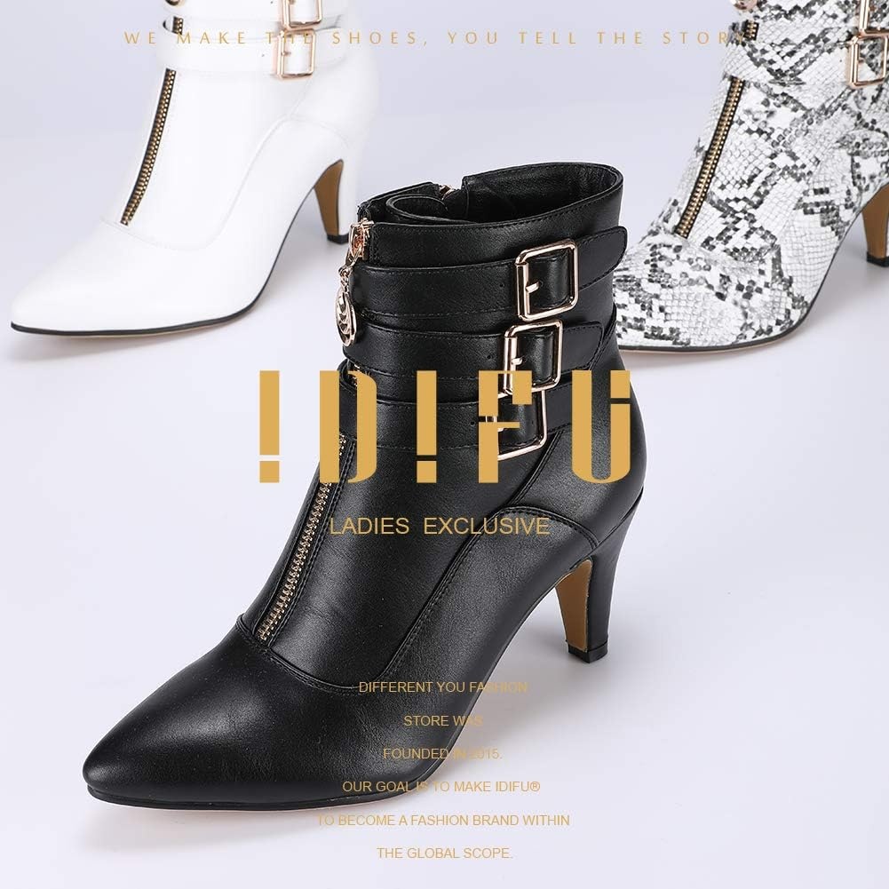 image:imageIDIFU Womens Pointed Toe Metal Buckle Two Strap Ankle Booties Side Zipper Kitten Heel Dress Classic Short BootsBlack