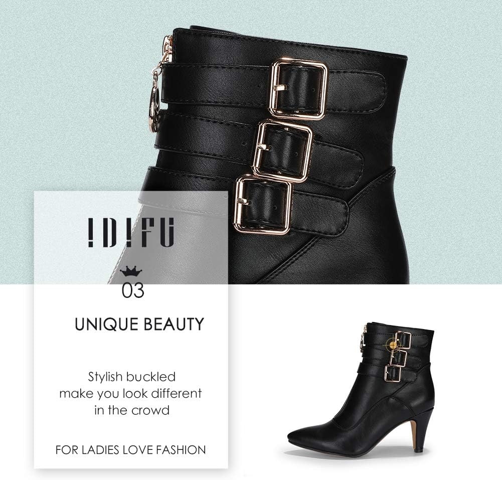 image:imageIDIFU Womens Pointed Toe Metal Buckle Two Strap Ankle Booties Side Zipper Kitten Heel Dress Classic Short BootsBlack