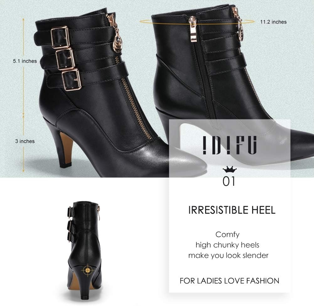 image:imageIDIFU Womens Pointed Toe Metal Buckle Two Strap Ankle Booties Side Zipper Kitten Heel Dress Classic Short BootsBlack