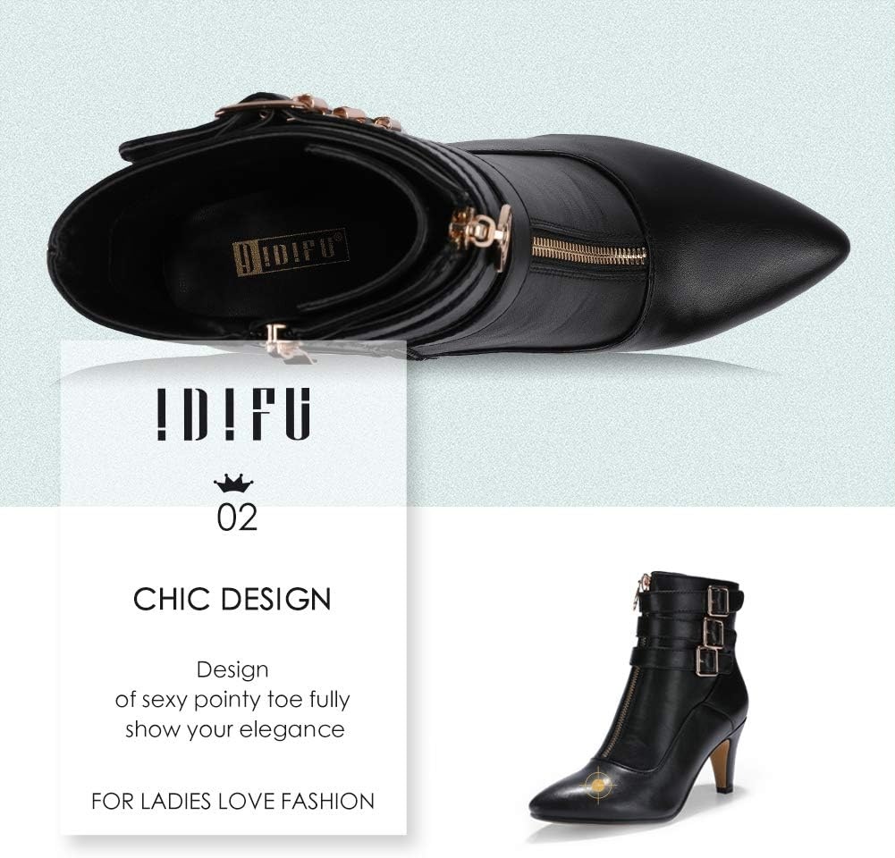 image:imageIDIFU Womens Pointed Toe Metal Buckle Two Strap Ankle Booties Side Zipper Kitten Heel Dress Classic Short BootsBlack