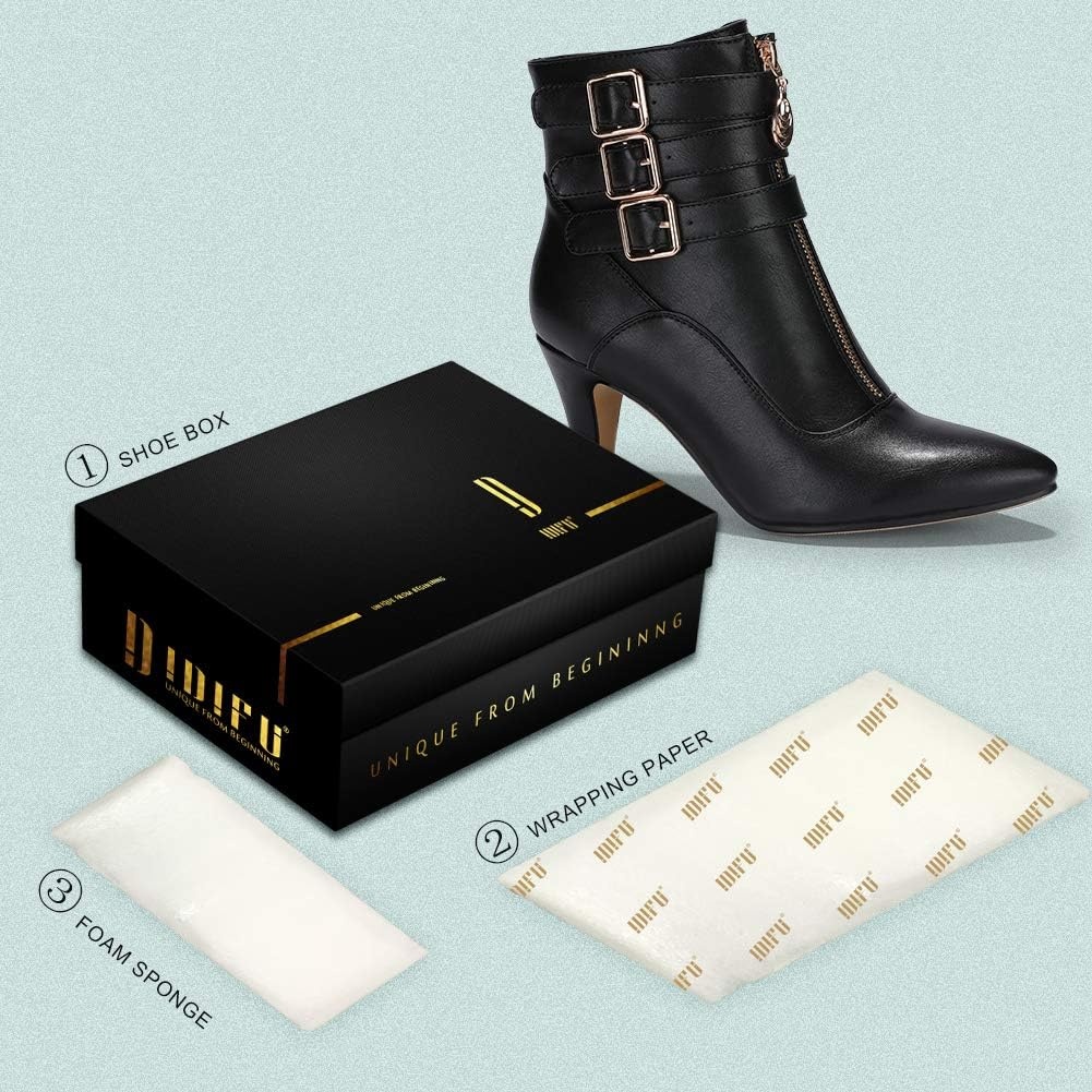 image:imageIDIFU Womens Pointed Toe Metal Buckle Two Strap Ankle Booties Side Zipper Kitten Heel Dress Classic Short BootsBlack