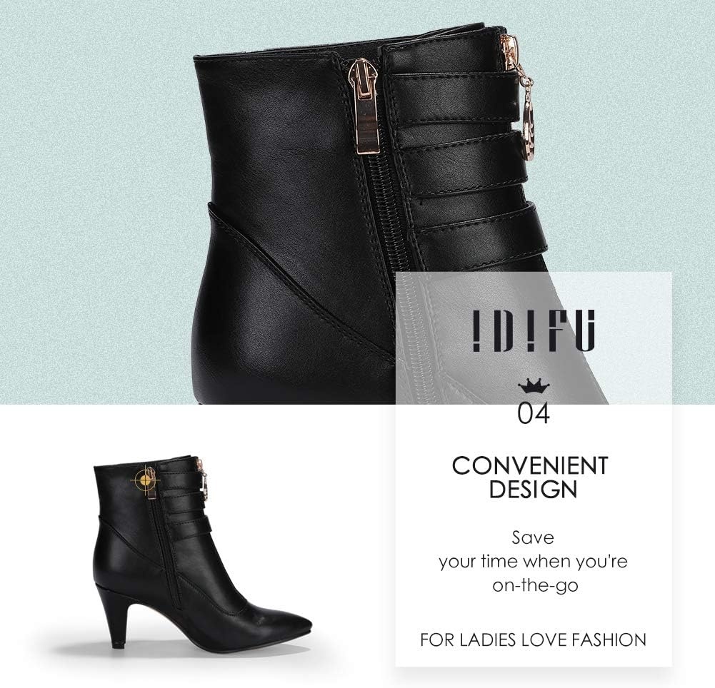 image:imageIDIFU Womens Pointed Toe Metal Buckle Two Strap Ankle Booties Side Zipper Kitten Heel Dress Classic Short BootsBlack