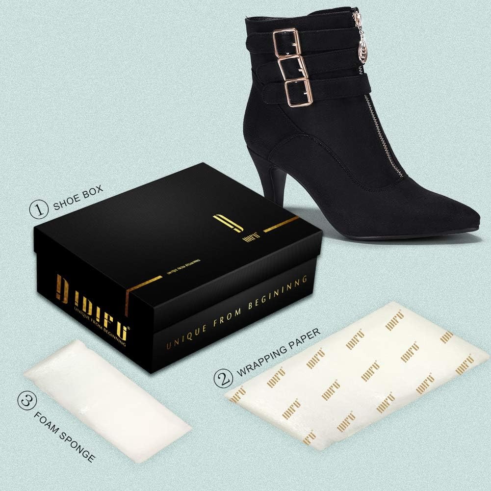 image:imageIDIFU Womens Pointed Toe Metal Buckle Two Strap Ankle Booties Side Zipper Kitten Heel Dress Classic Short BootsBlack Suede