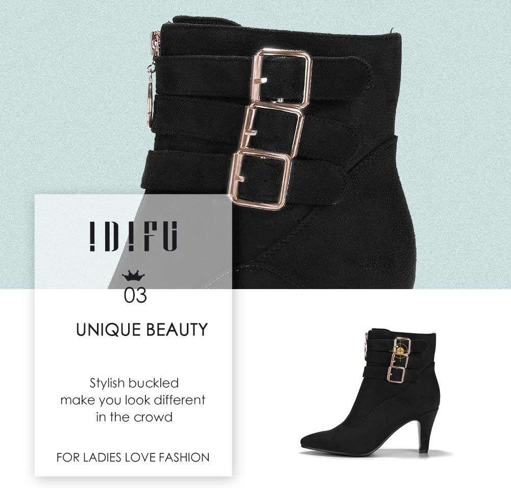 image:imageIDIFU Womens Pointed Toe Metal Buckle Two Strap Ankle Booties Side Zipper Kitten Heel Dress Classic Short BootsBlack Suede