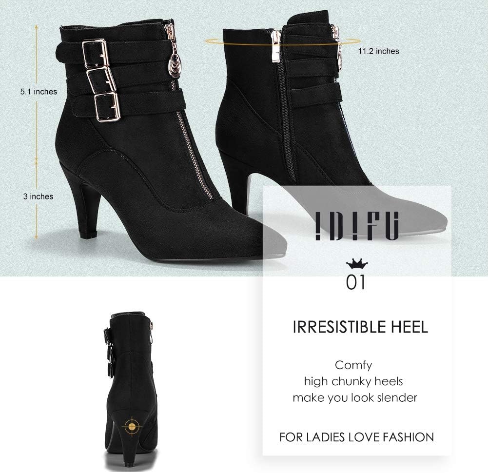 image:imageIDIFU Womens Pointed Toe Metal Buckle Two Strap Ankle Booties Side Zipper Kitten Heel Dress Classic Short BootsBlack Suede