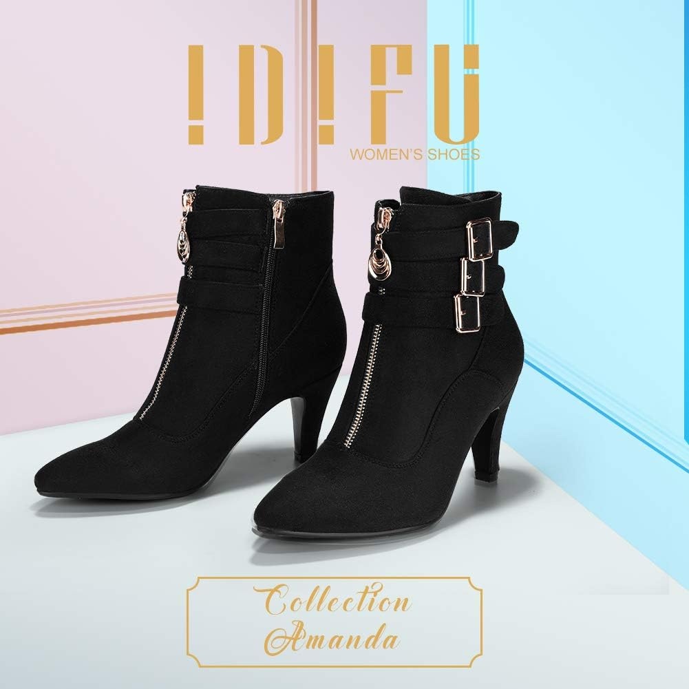 image:imageIDIFU Womens Pointed Toe Metal Buckle Two Strap Ankle Booties Side Zipper Kitten Heel Dress Classic Short BootsBlack Suede