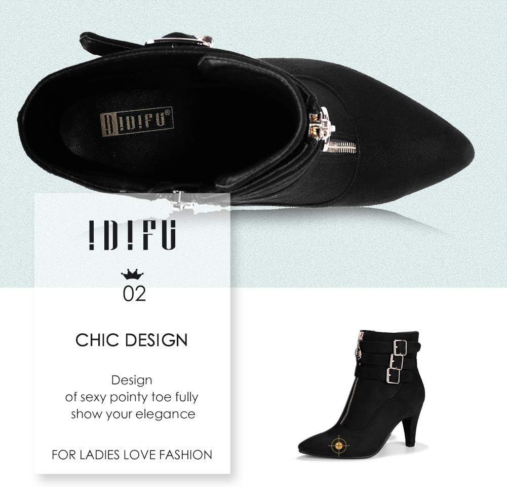 image:imageIDIFU Womens Pointed Toe Metal Buckle Two Strap Ankle Booties Side Zipper Kitten Heel Dress Classic Short BootsBlack Suede
