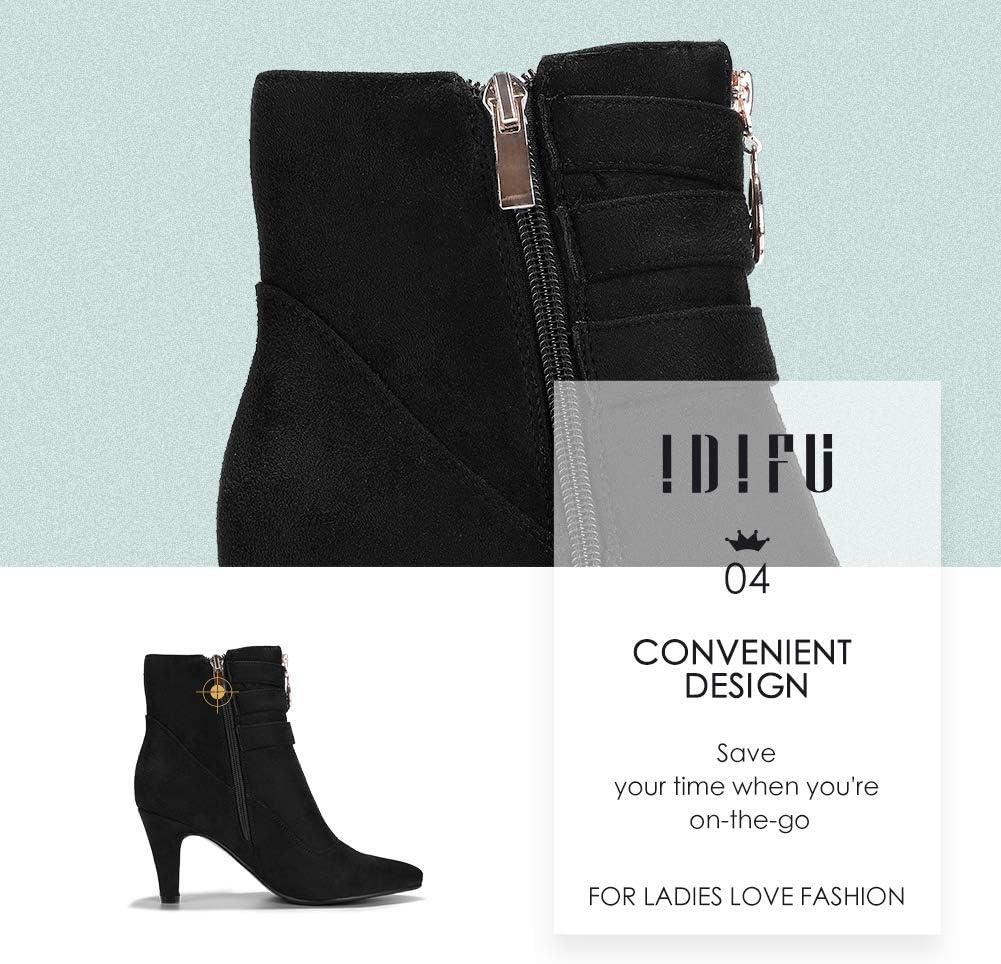 image:imageIDIFU Womens Pointed Toe Metal Buckle Two Strap Ankle Booties Side Zipper Kitten Heel Dress Classic Short BootsBlack Suede