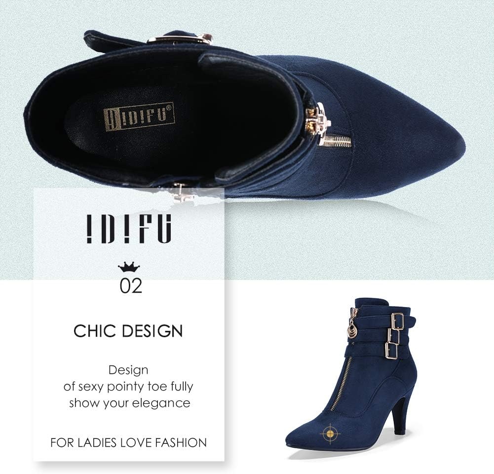 image:imageIDIFU Womens Pointed Toe Metal Buckle Two Strap Ankle Booties Side Zipper Kitten Heel Dress Classic Short BootsBlue Suede