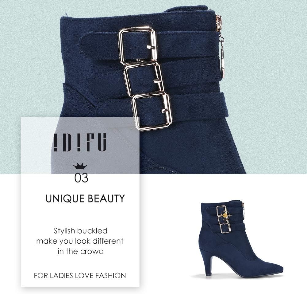 image:imageIDIFU Womens Pointed Toe Metal Buckle Two Strap Ankle Booties Side Zipper Kitten Heel Dress Classic Short BootsBlue Suede