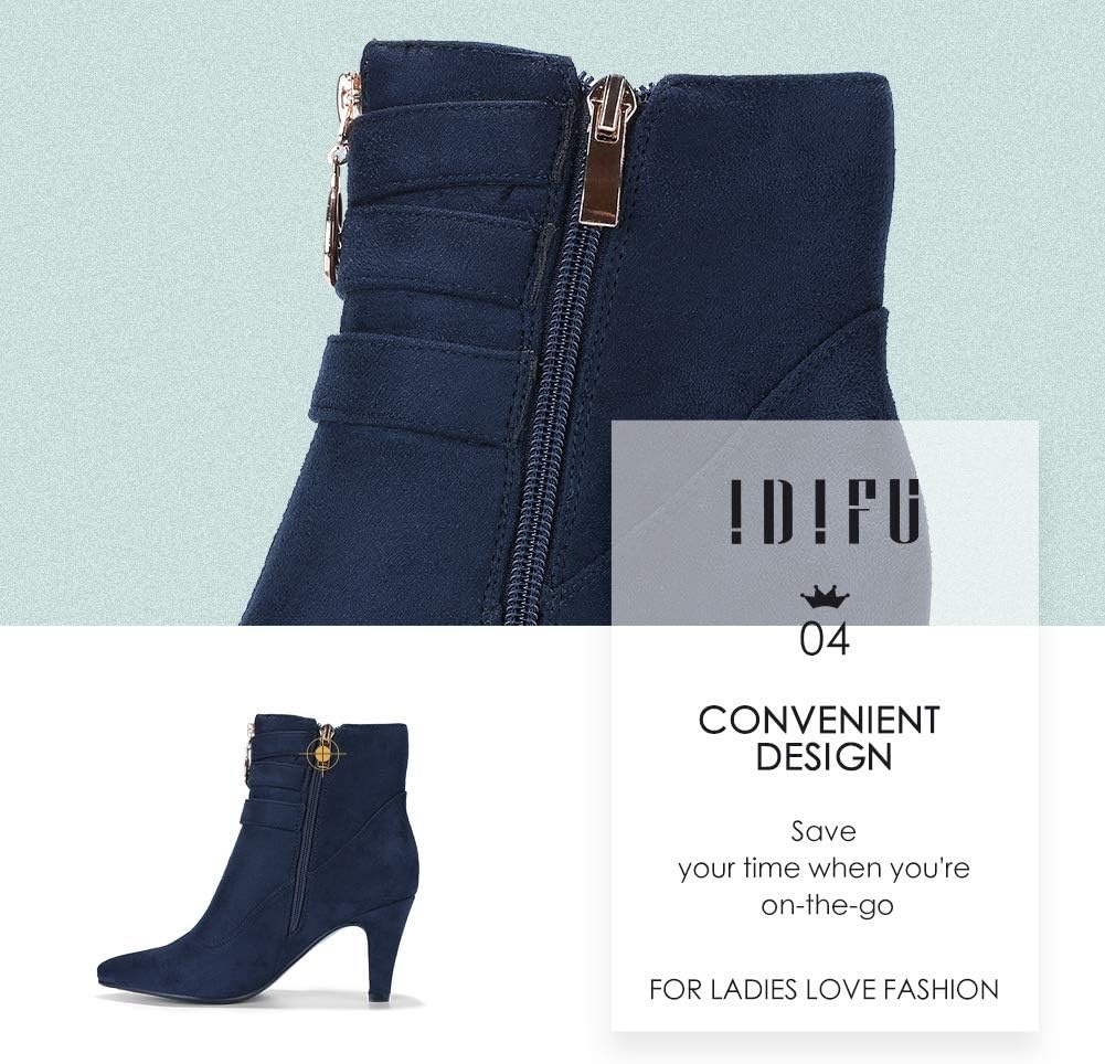 image:imageIDIFU Womens Pointed Toe Metal Buckle Two Strap Ankle Booties Side Zipper Kitten Heel Dress Classic Short BootsBlue Suede