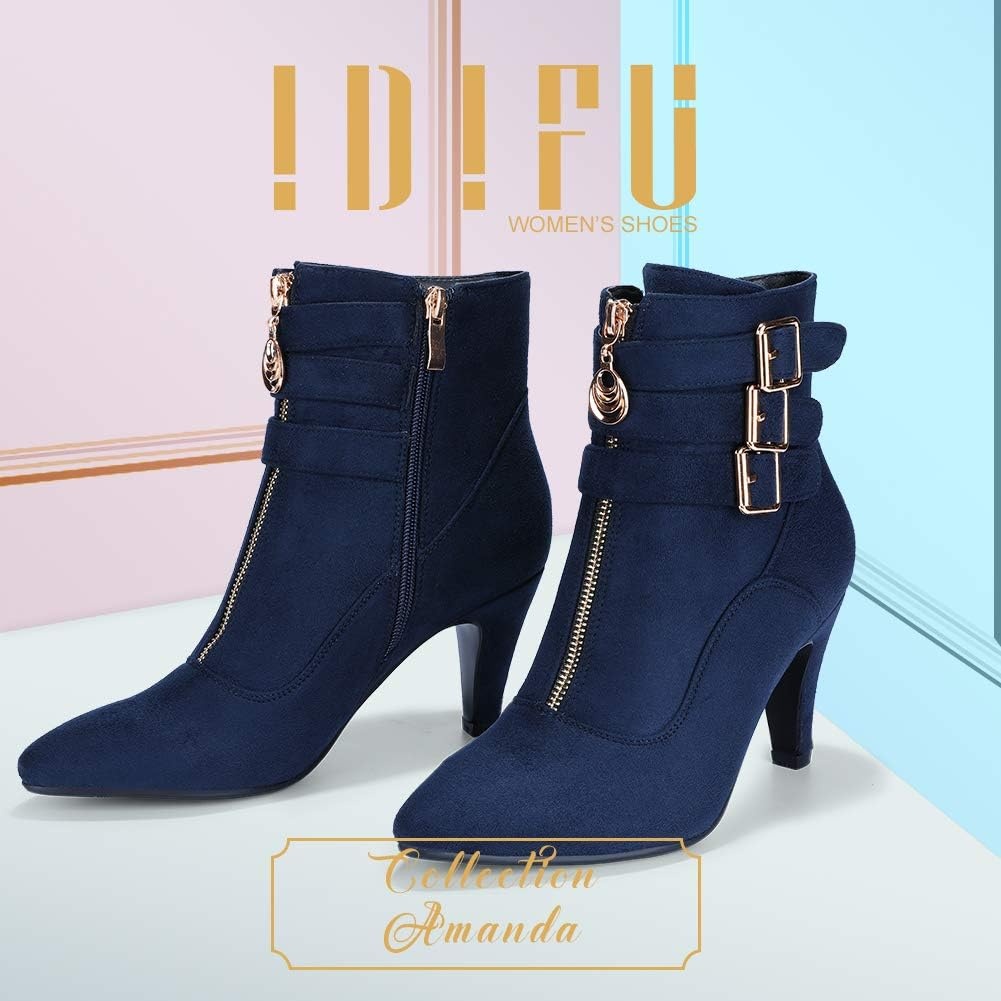 image:imageIDIFU Womens Pointed Toe Metal Buckle Two Strap Ankle Booties Side Zipper Kitten Heel Dress Classic Short BootsBlue Suede