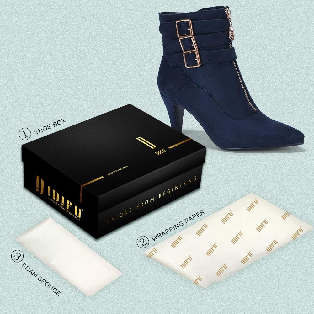 image:imageIDIFU Womens Pointed Toe Metal Buckle Two Strap Ankle Booties Side Zipper Kitten Heel Dress Classic Short BootsBlue Suede
