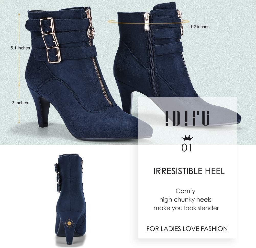 image:imageIDIFU Womens Pointed Toe Metal Buckle Two Strap Ankle Booties Side Zipper Kitten Heel Dress Classic Short BootsBlue Suede