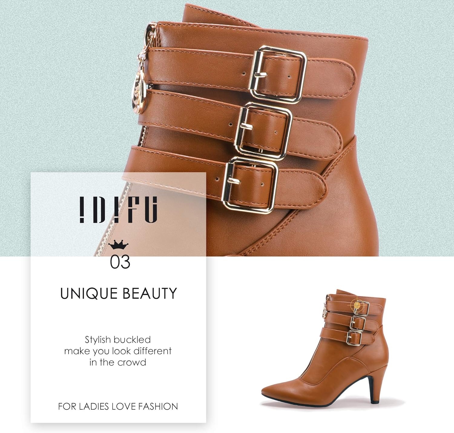 image:imageIDIFU Womens Pointed Toe Metal Buckle Two Strap Ankle Booties Side Zipper Kitten Heel Dress Classic Short BootsBrown Pu
