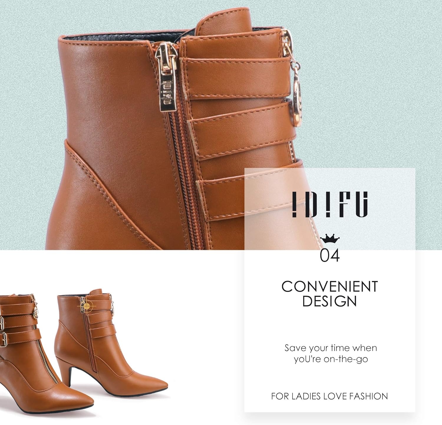 image:imageIDIFU Womens Pointed Toe Metal Buckle Two Strap Ankle Booties Side Zipper Kitten Heel Dress Classic Short BootsBrown Pu
