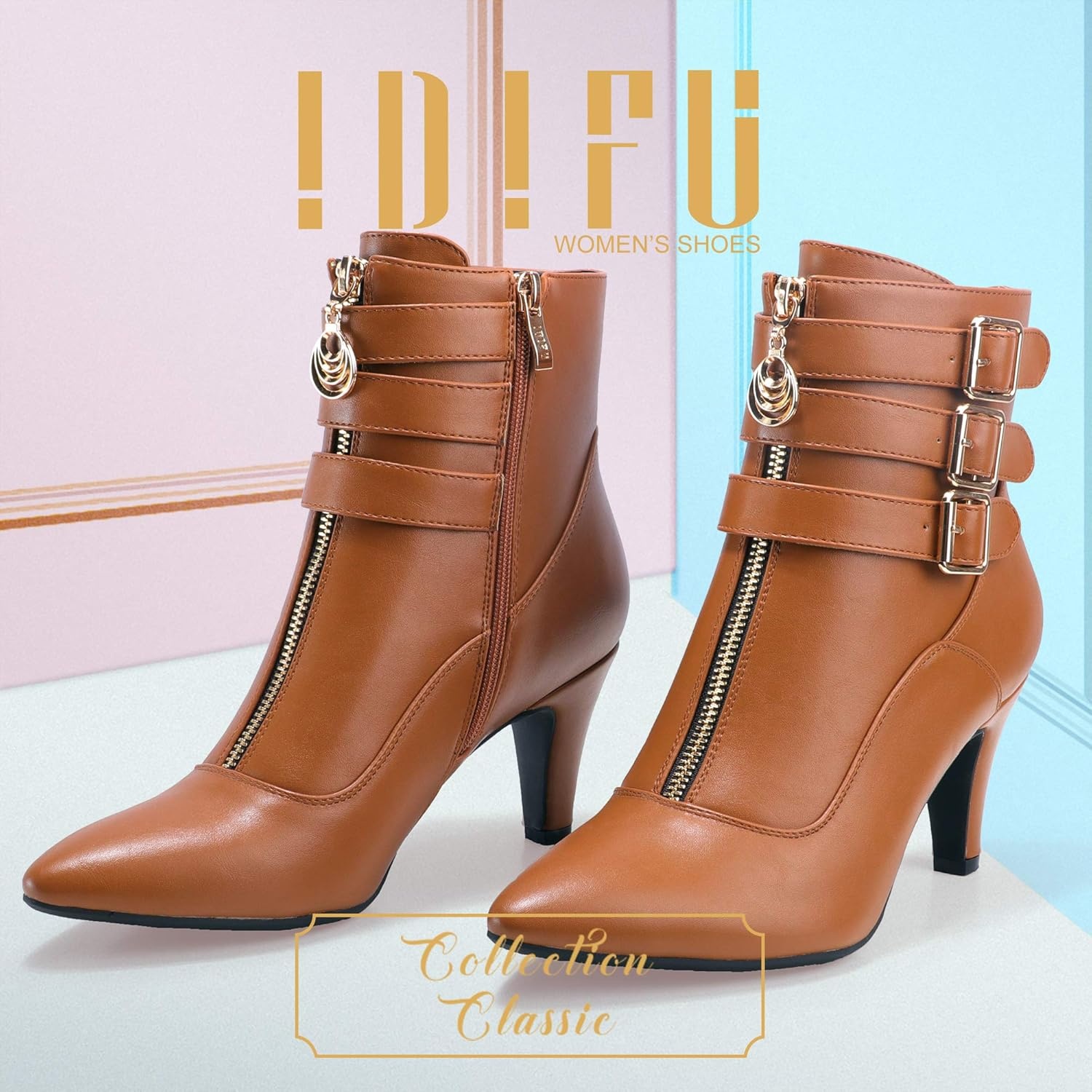 image:imageIDIFU Womens Pointed Toe Metal Buckle Two Strap Ankle Booties Side Zipper Kitten Heel Dress Classic Short BootsBrown Pu